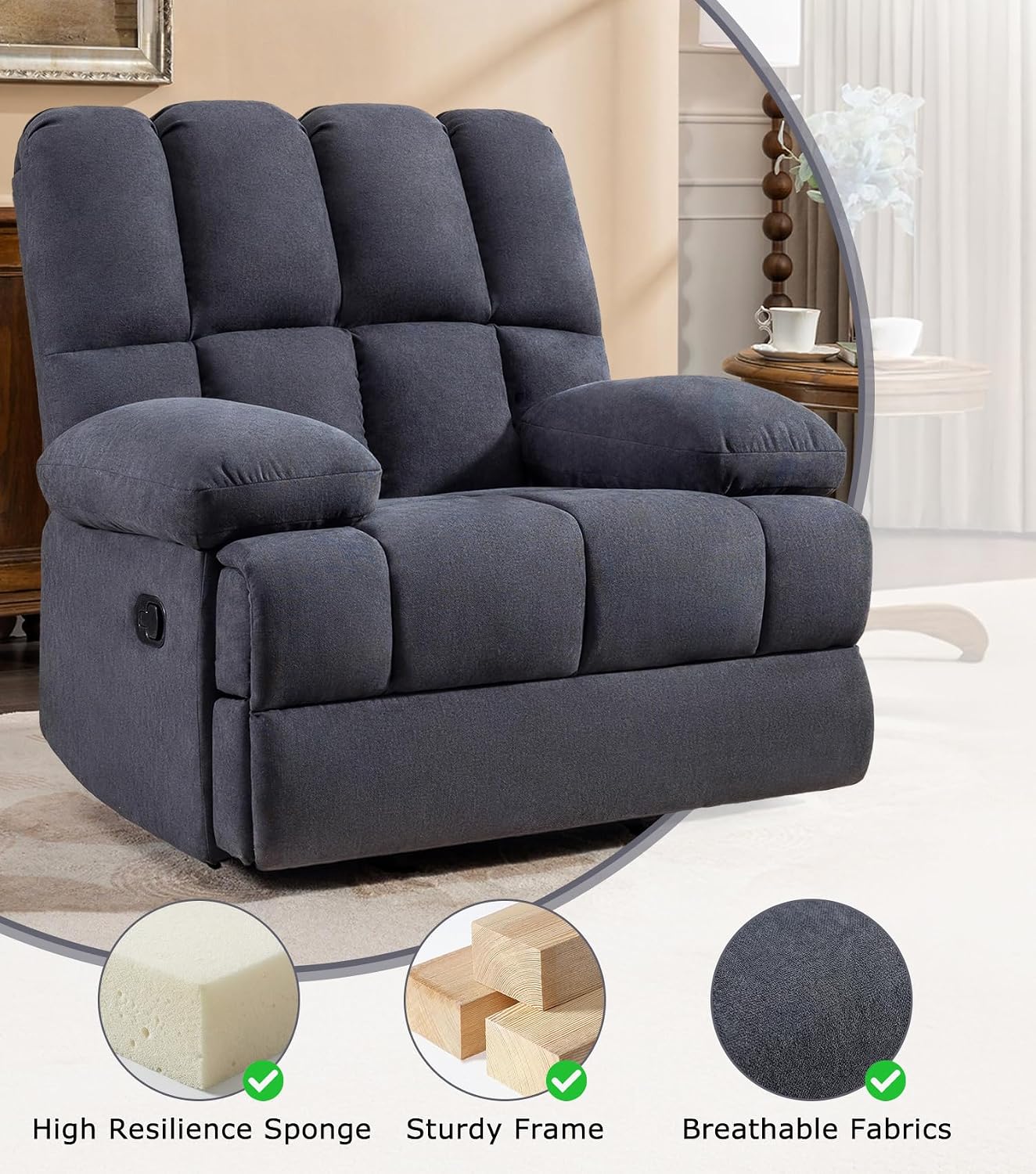 WILLOVE Oversized Rocker Recliner Chair Rocking Recliners Overstuffed Soft Big Man Manual Recliner Extra Large Living Room Chair 350 LBS Capacity, Grey, XL