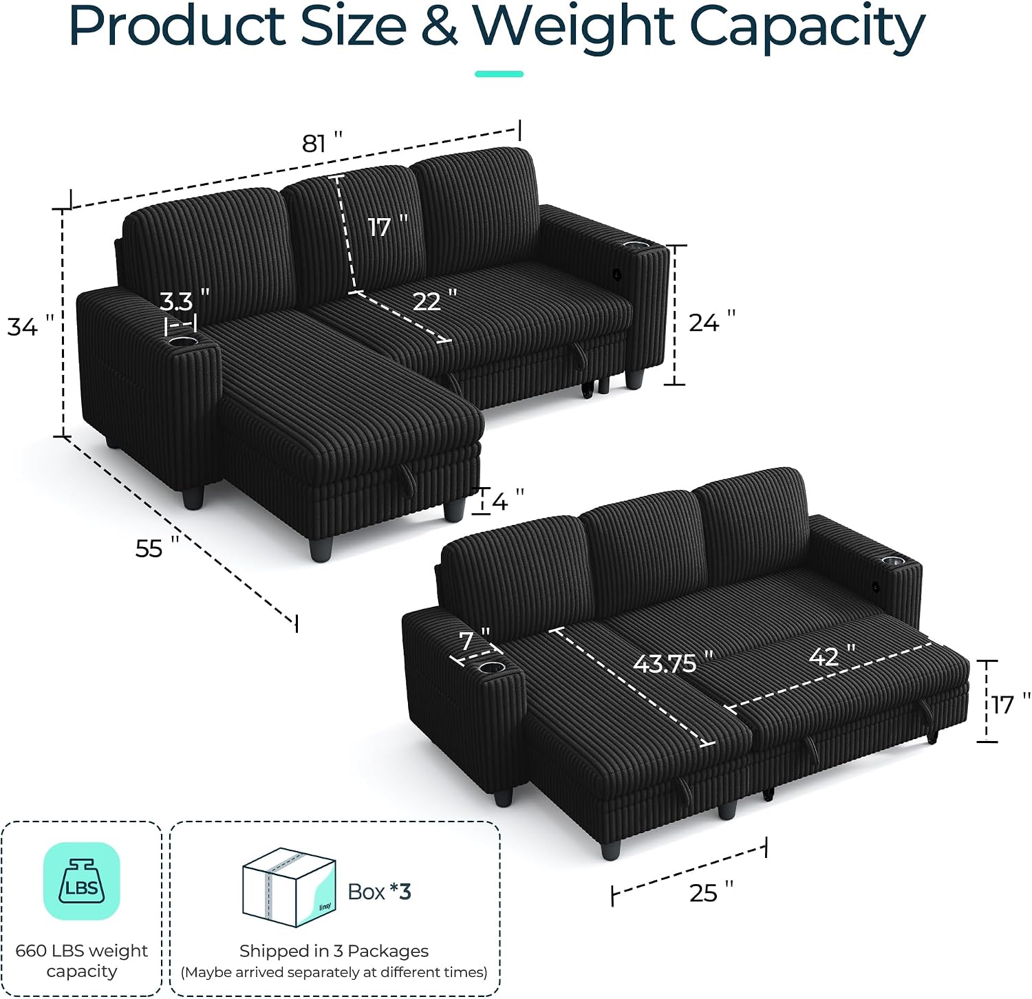 LINSY HOME Sectional Sleeper Sofa with Pull Out Couch Bed - Convertible Plush Corduroy Cloud Couch with Storage Chaise & USB Charging, Comfy L Shaped Modular Couches for Living Room Apartment, Black