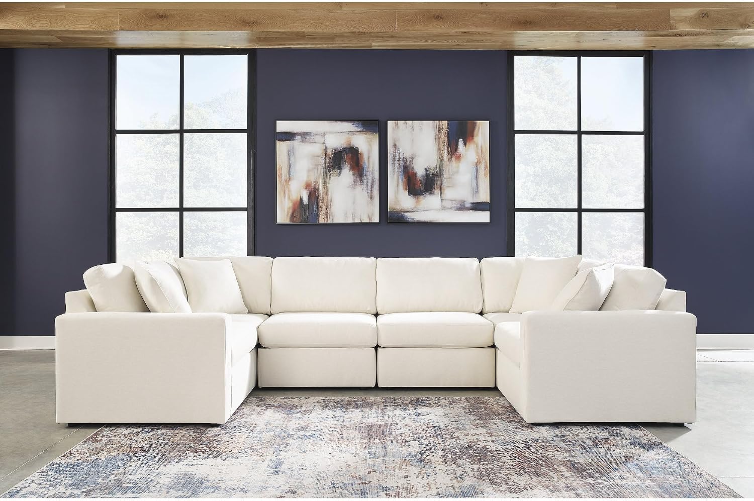 Signature Design by Ashley Modmax Contemporary Stain Resistant 6-Piece Sectional with Armrest, Throw Pillows and Reversible Cushions, Beige