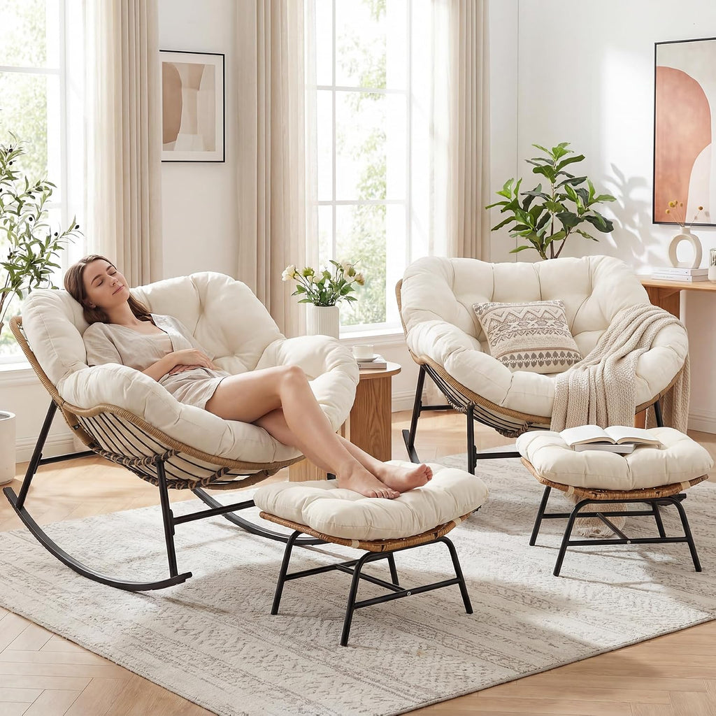 FINCATI 2 Person Egg Rocking Chair with Ottoman and Cushion, Double Large Wide Oversized Papasan Lounge Chairs, PE Wicker Comfy Loveseat, Reading Glider for Indoor Outdoor Balcony Living Room, Beige