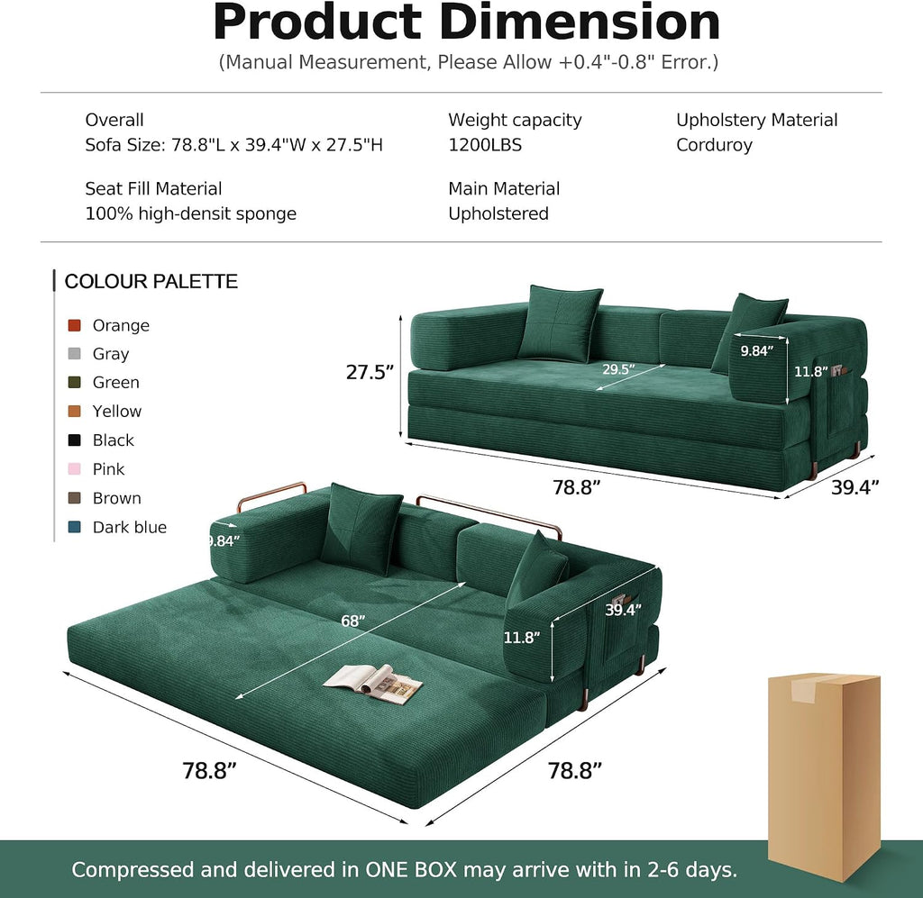 MoonSpeak 78.8''Sleeper Couch Bed for Livingroom,Convertible Modular Sofa with Armrest Pillow,Modular Foldable Corduroy Couches in a Box,No Assembly (Emerald Green)