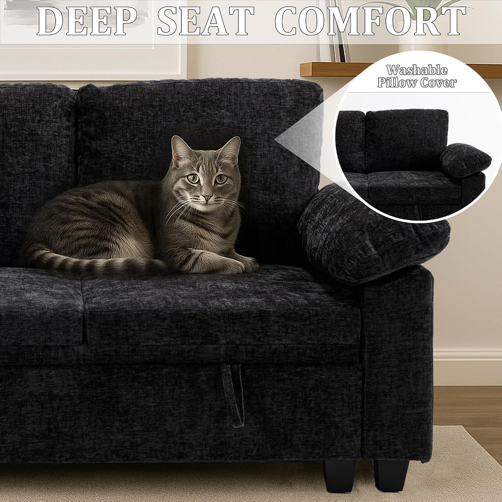 86 Inch Sectional Sleeper L Shaped Sofa with Pull Out Bed, Modular Sectional Sofa with Storage, Modern Chenille Cloud Couch, Sectional Couches for Living Room, Black