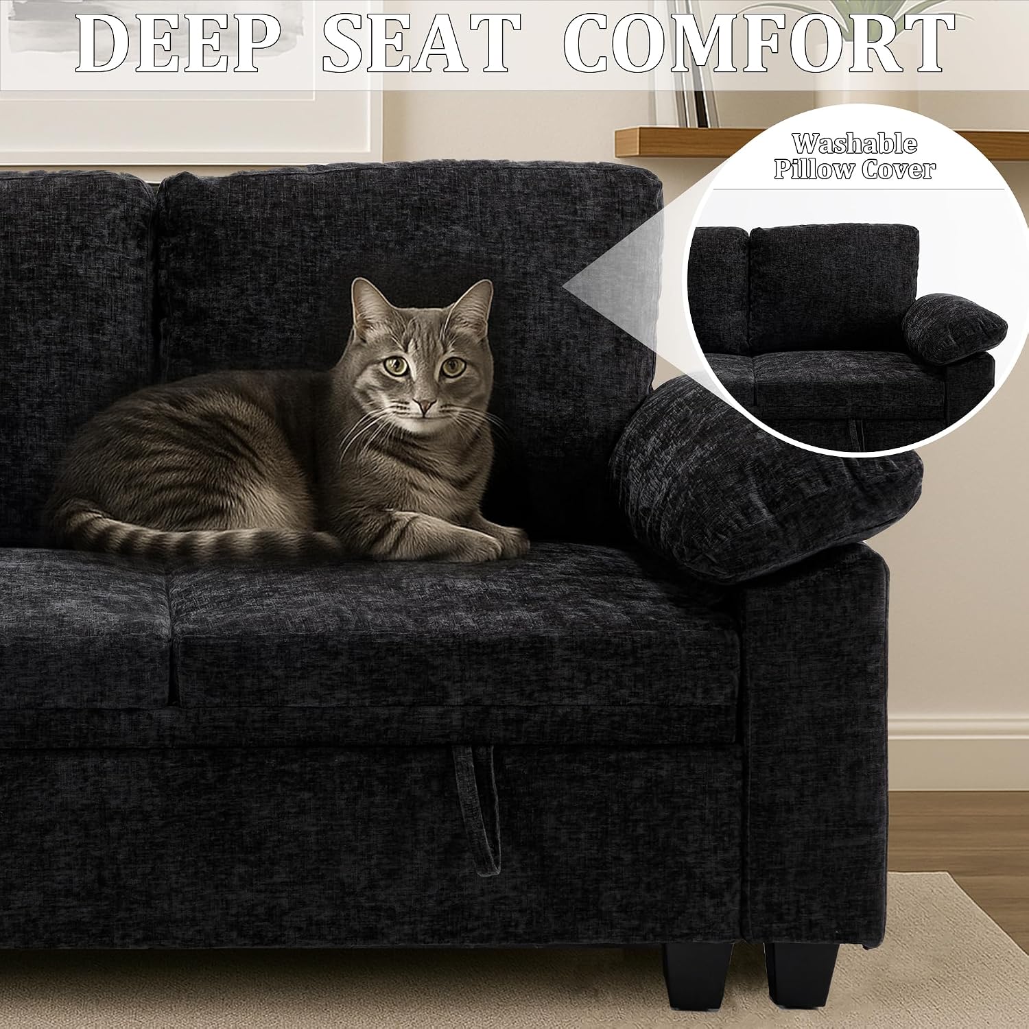 86 Inch Sectional Sleeper L Shaped Sofa with Pull Out Bed, Modular Sectional Sofa with Storage, Modern Chenille Cloud Couch, Sectional Couches for Living Room, Black