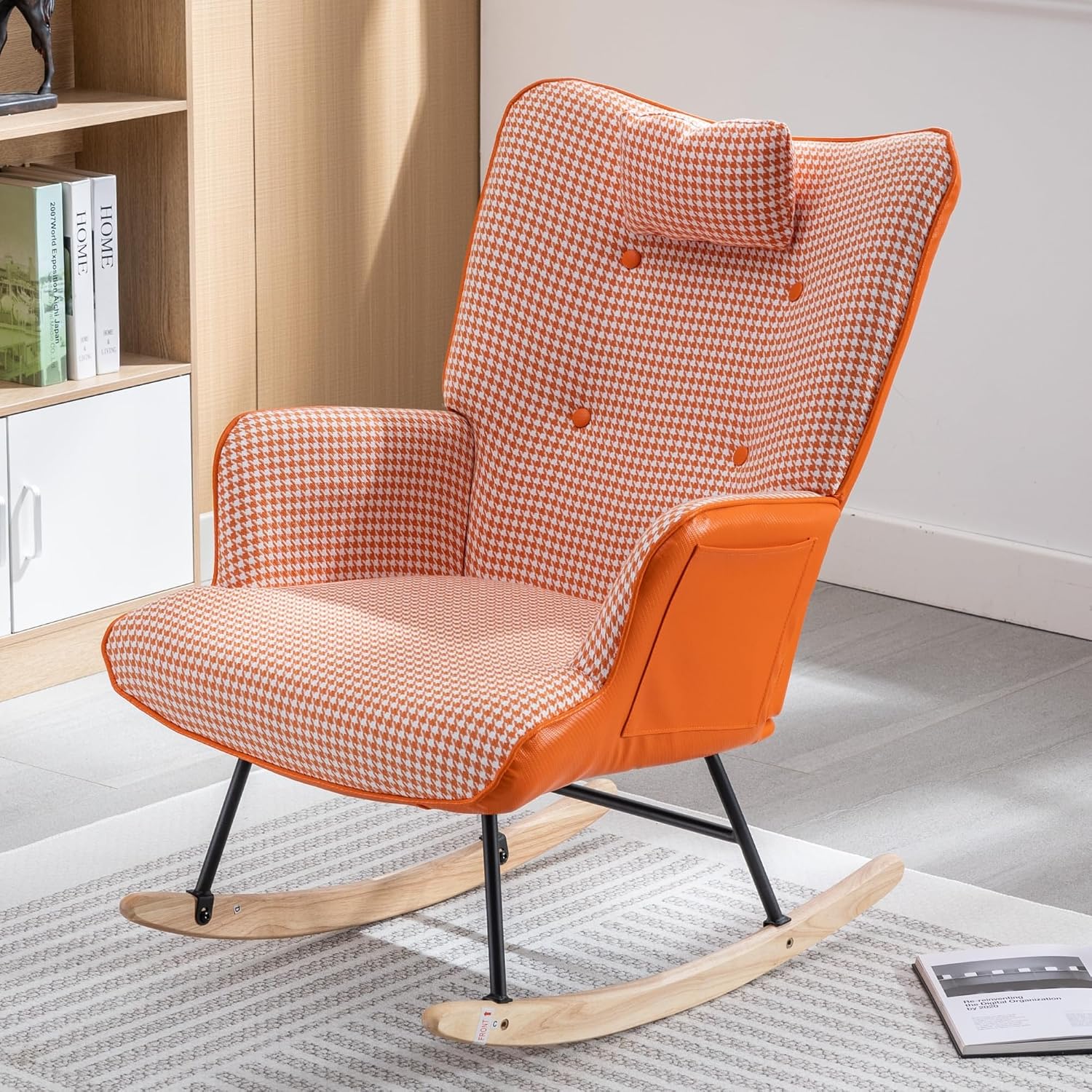 35.5' Nursery Rocking Chair Cotton Linen Upholstered Glider Chair with High Backrest Armchair for Living Room Bedroom Orange