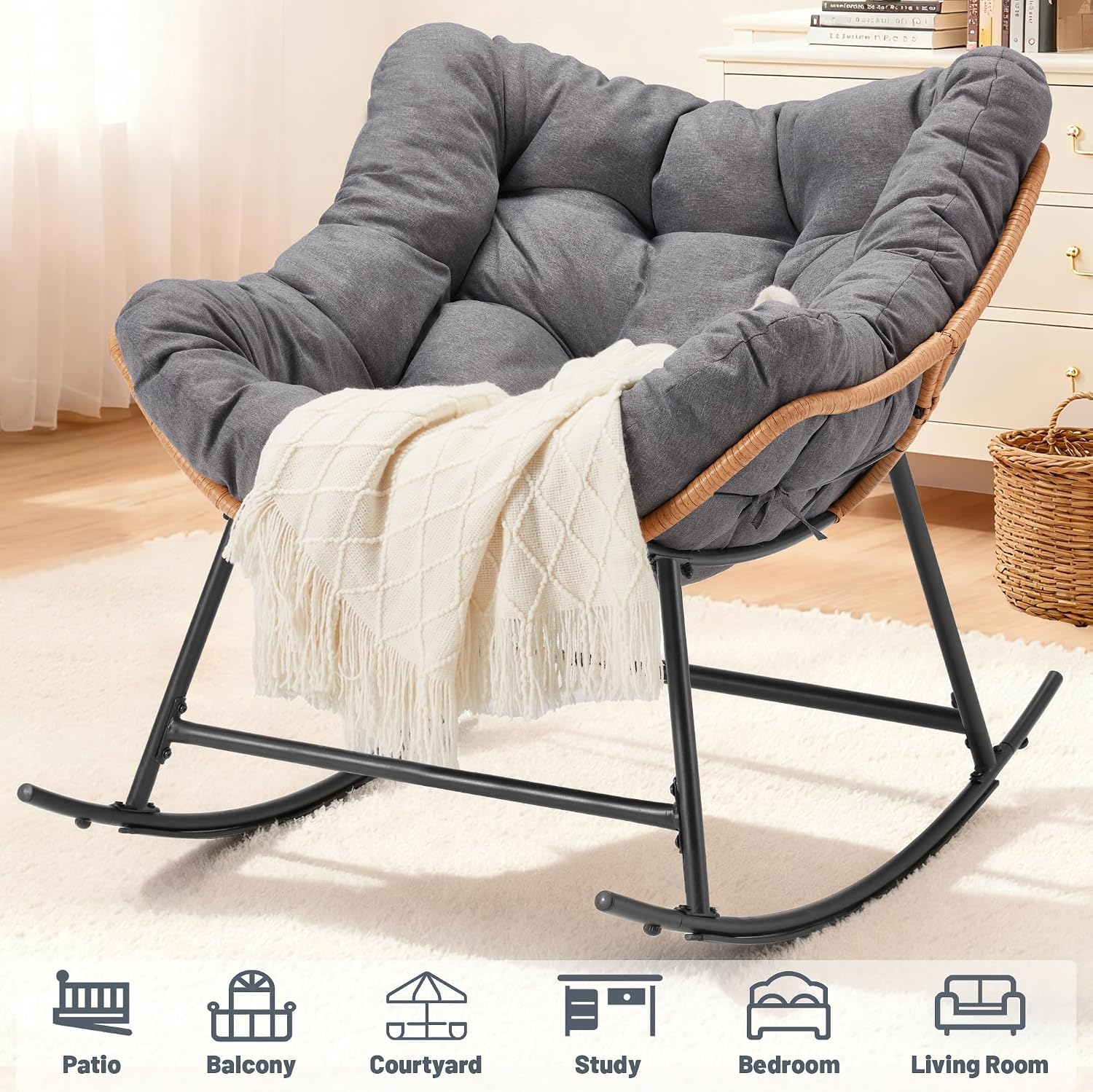 Outdoor Comfy Rocking Chair with Thick Cushion, Rattan Rocker Egg Chair Indoor with Straps, Patio Rocking Chair 450lbs for Garden, Backyard, Balcony, Lawn, Bedroom, Living Room (Dark Gray)