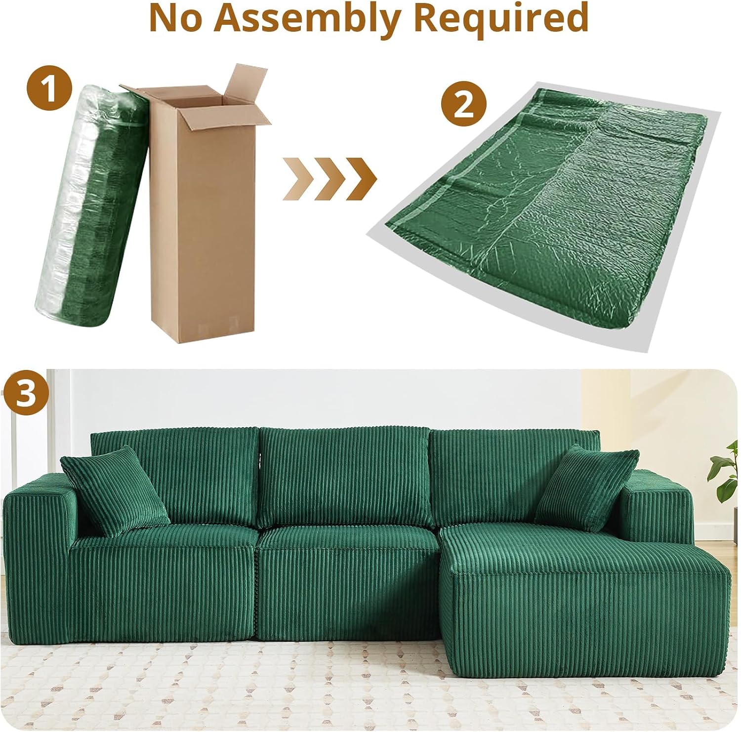 Garvee Boneless Cloud Couch 108' Sectional Modern Comfy l-Shape Convertible Compression Sleeper Modular Sofa with Corduroy Fabric Deep Seat Loveseat + Chaise for Living Room No Assembly Required