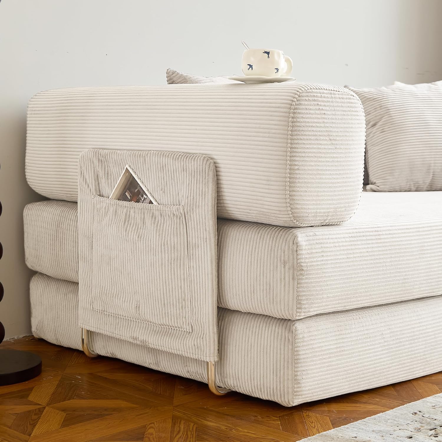 78.8' Convertible Sofa Bed -Compression Sofa with Corduroy Fabric - with Armrests and Backrest - Modular Sectional for Living Room, Bedroom, Studio - Compression Sofa in Box (Beige)
