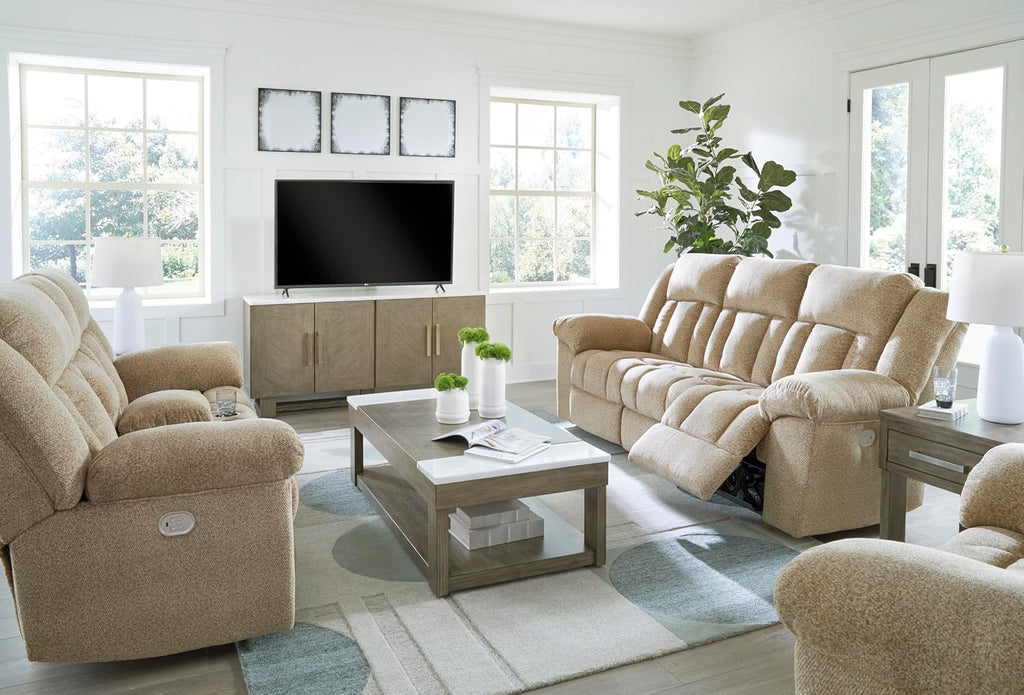 Signature Design by Ashley Tip-Off Classic Wall Hugger Power Reclining Loveseat with Adjustable Headrest, USB Ports, Storage and Cup Holders, Light Brown