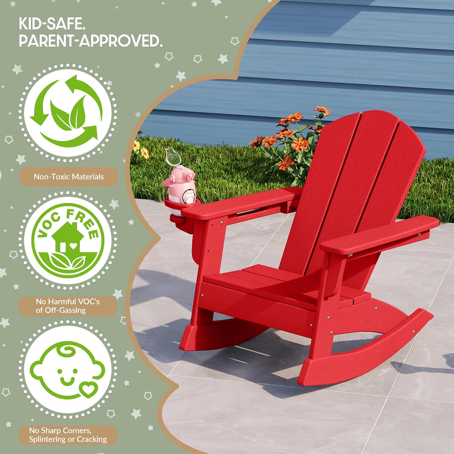 WestinTrends Malibu Outdoor HDPE Plastic Preschool Toddler Classic Adirondack Rocking Chairs (Set of 2), Red