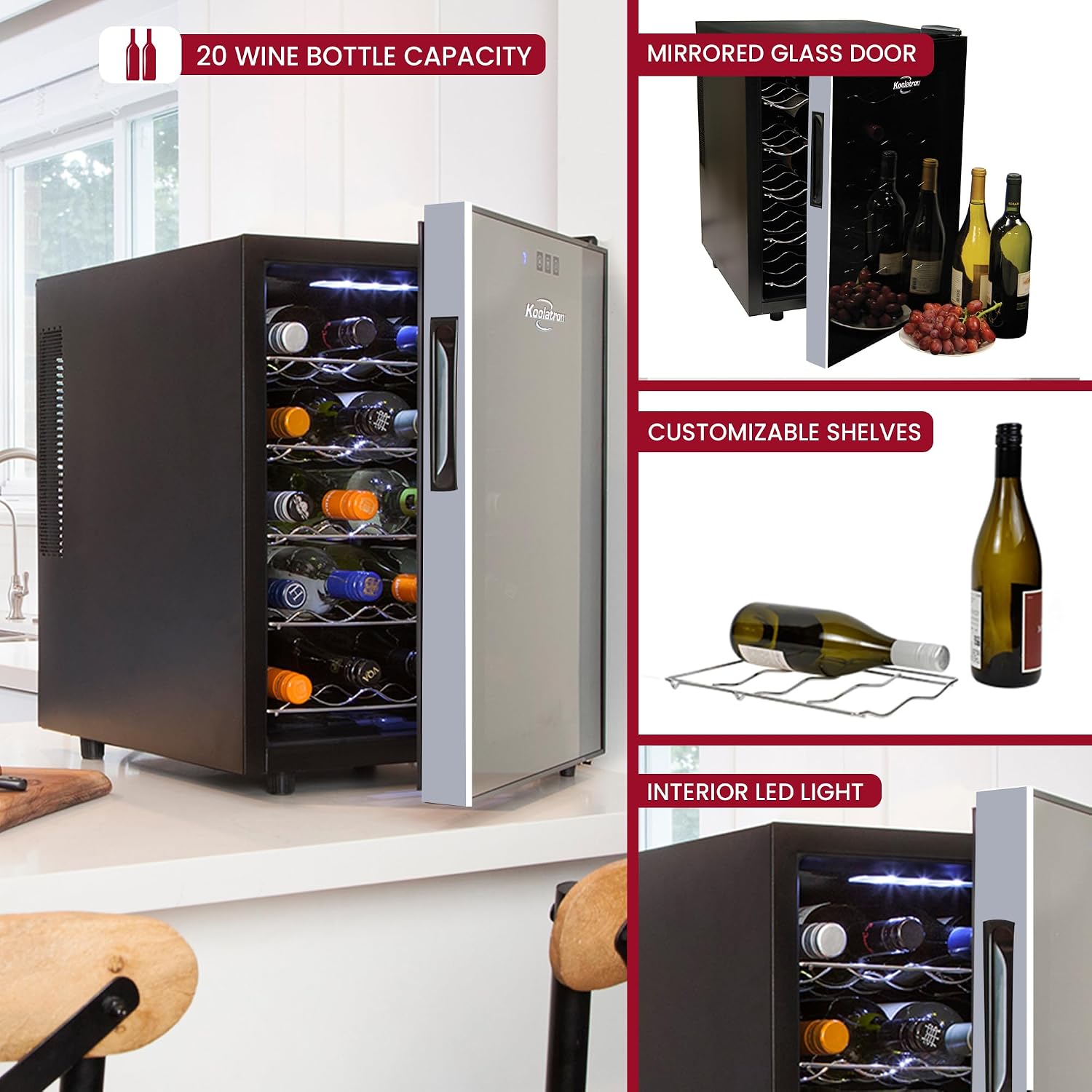 Koolatron 20 Bottle Wine Fridge – Freestanding Wine Cooler with Glass Door, 1.7 Cu Ft (48L), Beverage Can Refrigerator, Digital Temperature Control, Ideal for White, Red & Sparkling Wine, Champagne