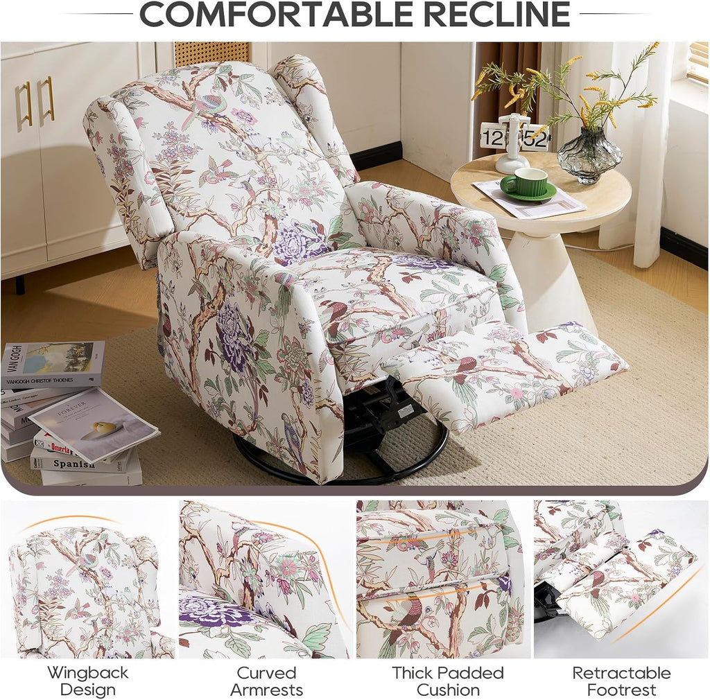 Floral Accent Swivel Rocker Recliner, Wingback Recliner Chair with Padded Seat, High Back Upholstered Armchair for Living Room, Bedroom, Home Ofiice (Bird Floral x 2)