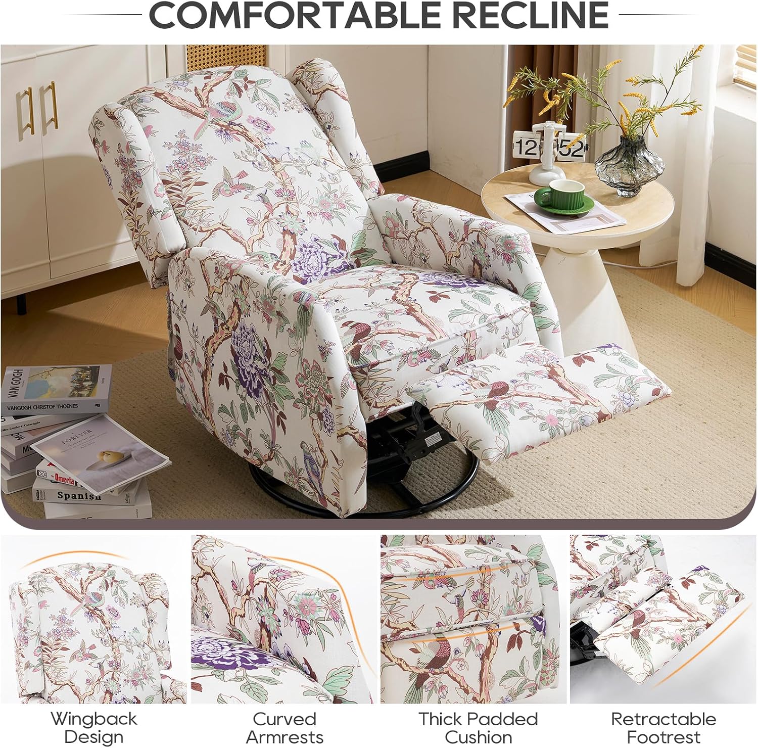Floral Accent Swivel Rocker Recliner, Wingback Recliner Chair with Padded Seat, High Back Upholstered Armchair for Living Room, Bedroom, Home Ofiice (Bird Floral x 2)