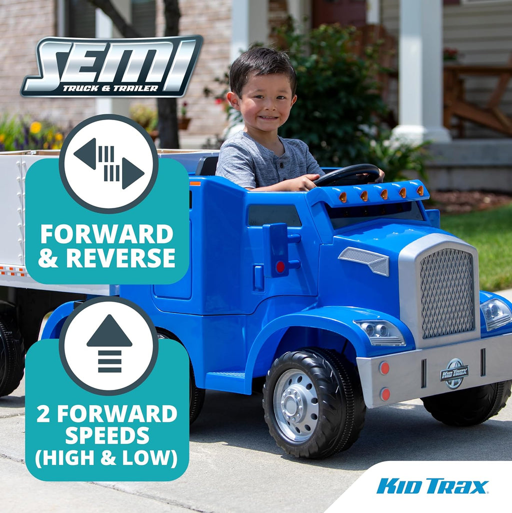 Kid Trax 12V Semi-Truck and Trailer, Battery Powered Ride-On Toy Truck, Ages 3-5, Max Weight 77 lbs, One Rider, Working Lights, Horn, Sounds, Electric Cars for Kids Ages 3-5, Kids Ride On Toys, Blue