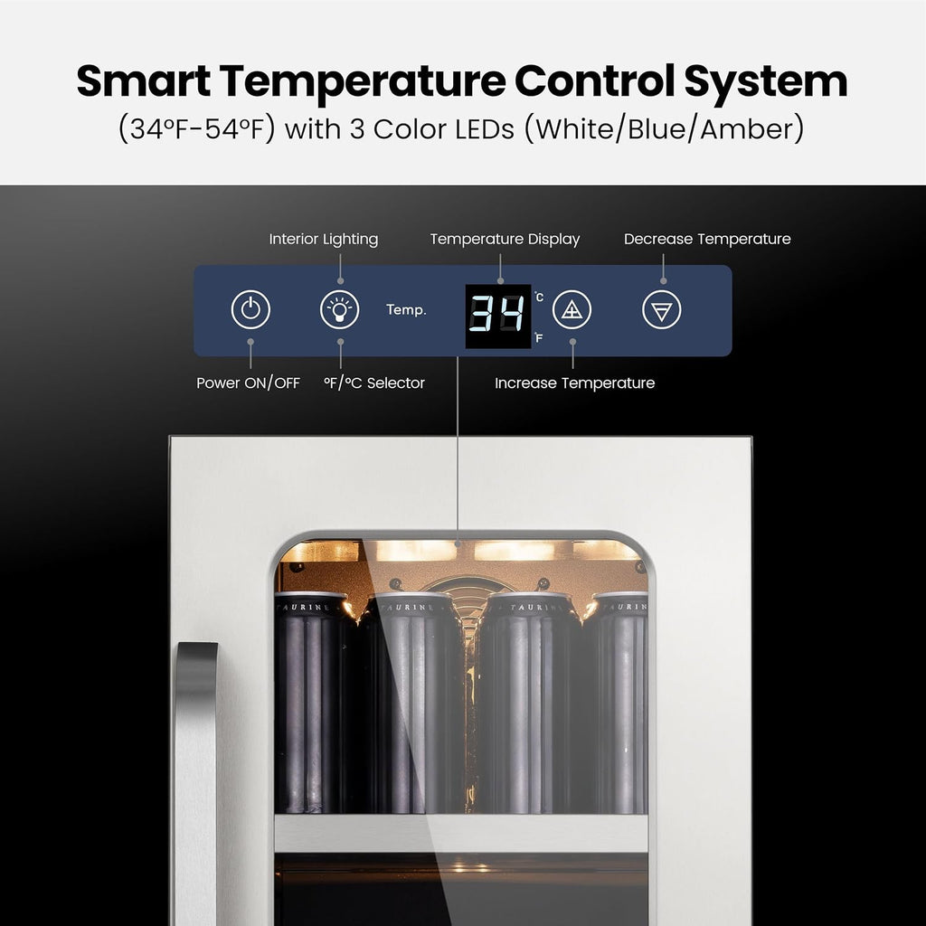 15 Inch Beverage Refrigerator 80 Cans Small Beverage Fridge, Drink Fridge with Glass Door 3 LED 34-54 ℉ Beverage Cooler Built-in or Freestanding Adjustable Shelves for Home/Kitchen(3.0 cu.ft)