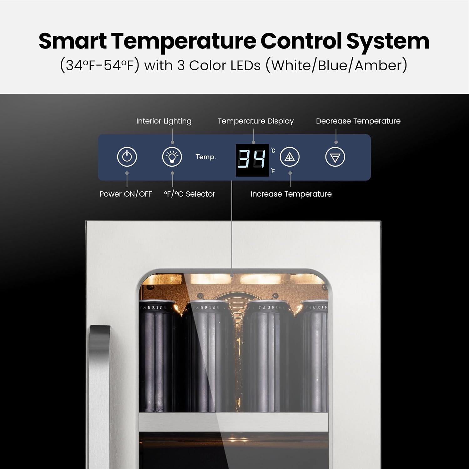 15 Inch Beverage Refrigerator 80 Cans Small Beverage Fridge, Drink Fridge with Glass Door 3 LED 34-54 ℉ Beverage Cooler Built-in or Freestanding Adjustable Shelves for Home/Kitchen(3.0 cu.ft)