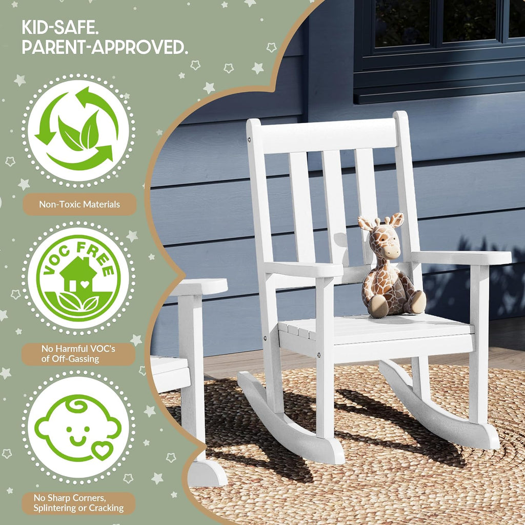WestinTrends Malibu 3-Piece Kids Outdoor Rocking Chairs Set with Kids Square Side Table, White