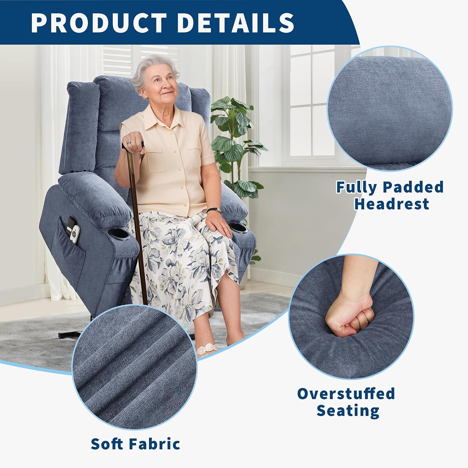 Power Lift Recliner Chair for Elderly Adults 8-Point Massage Lumbar Heating 90/120/150° 3 Recline Positions Motorized Lift Assist Remote Control 2 Side Pockets 2 Cup Holders USB Charging Ports