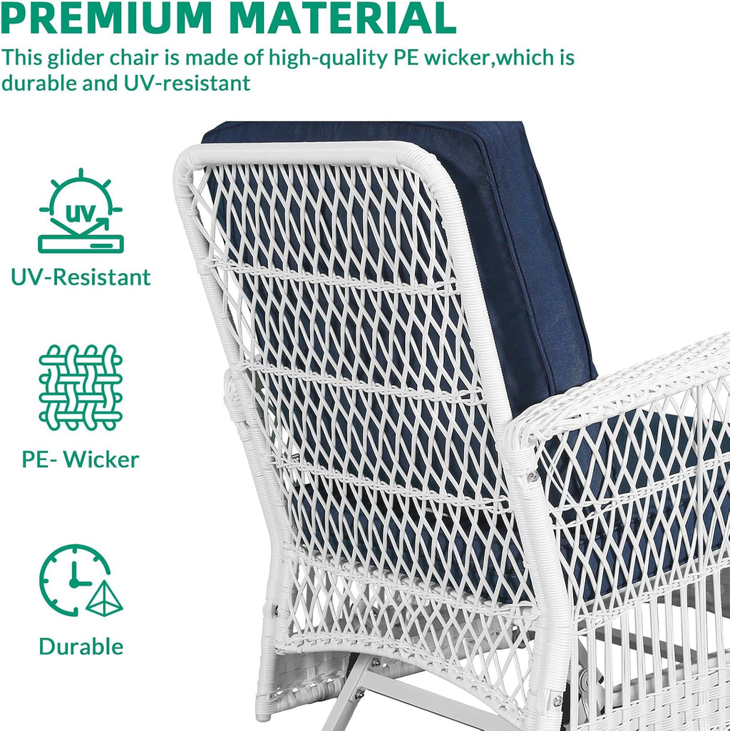 VIVIJASON 4-Piece Outdoor Patio White Wicker Conversation Sets, All Weather Rattan Furniture Set Includes Glider Loveseat, Coffee Table, 2 Glider Rocker Chairs w/Cushion for Lawn Balcony, Navy Blue