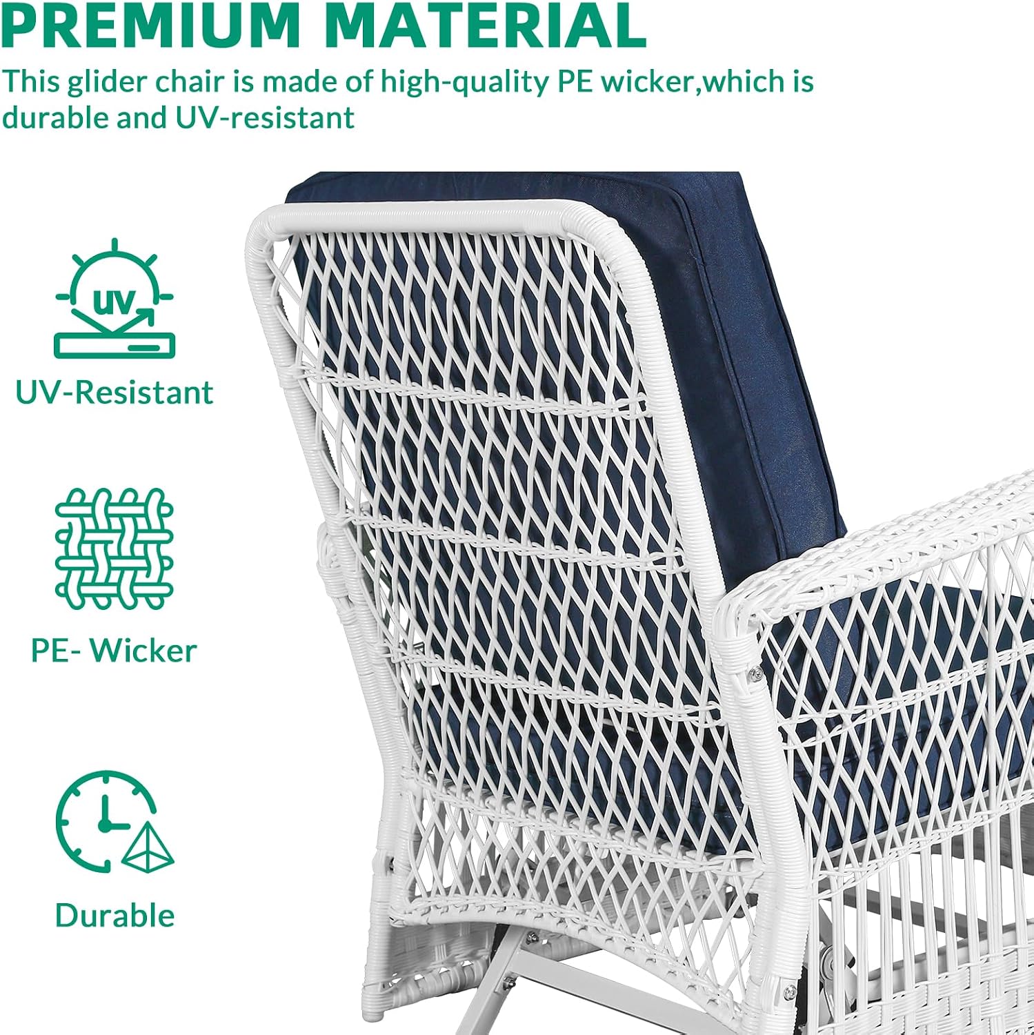 VIVIJASON 4-Piece Outdoor Patio White Wicker Conversation Sets, All Weather Rattan Furniture Set Includes Glider Loveseat, Coffee Table, 2 Glider Rocker Chairs w/Cushion for Lawn Balcony, Navy Blue