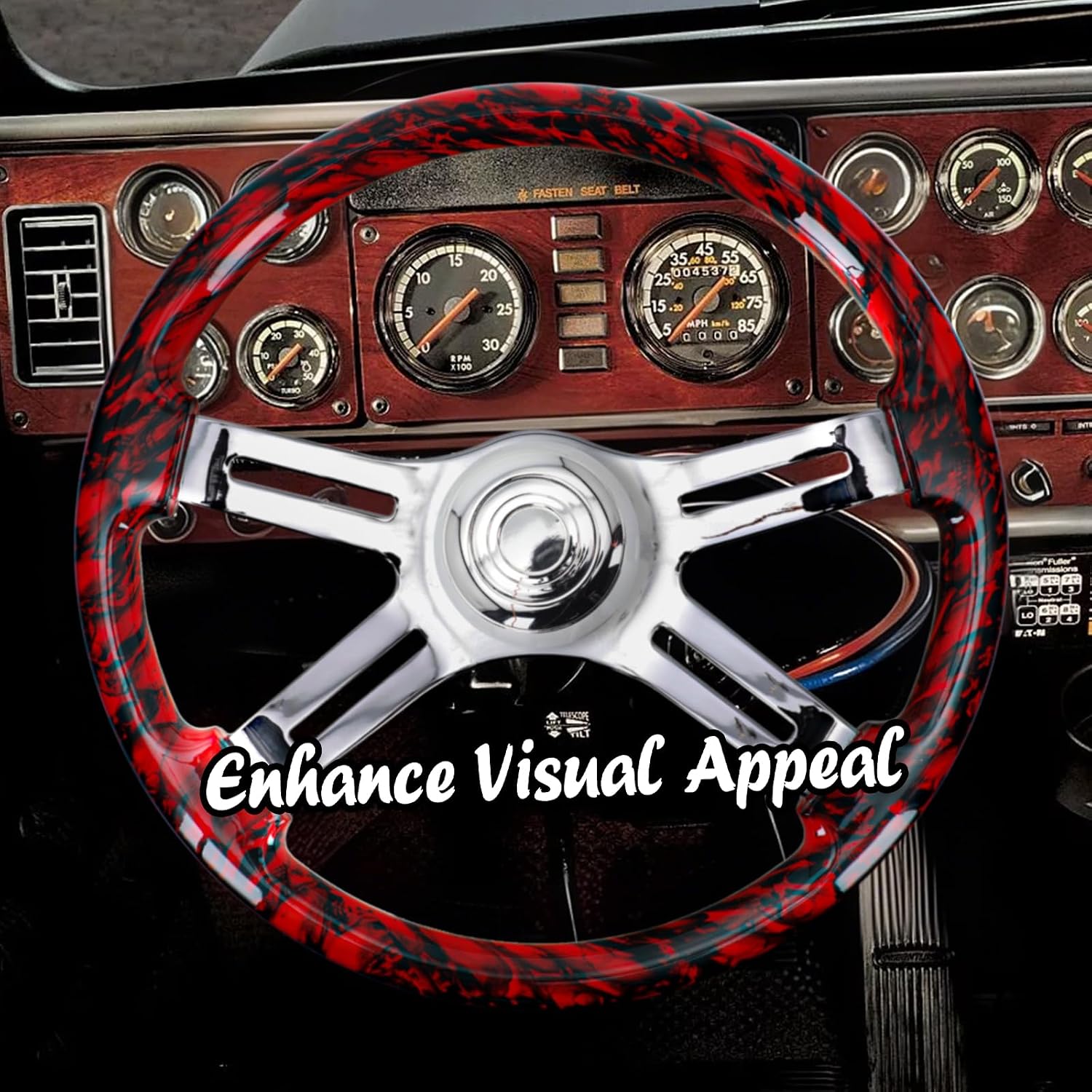 Sorghum 18' Solid Wood Steering Wheel - Hydrographic Red Skulls 4 Spokes Aluminum Chrome Steering Wheel with Horn Button for Trucks Compatible with Mack Kenworth Peterbilt Volvo Freightliner