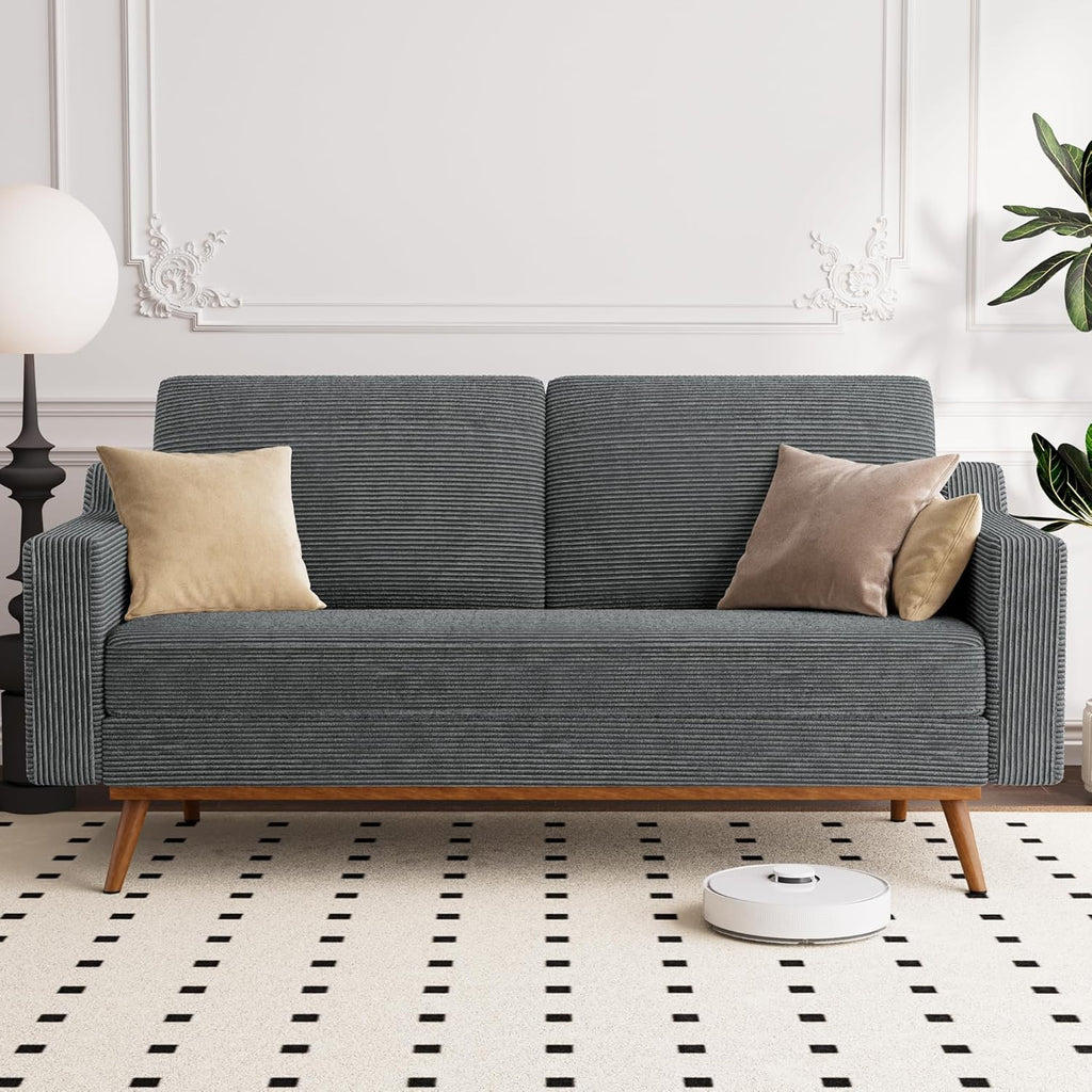 Vipbear 65.4' Loveseat Sofa Grey Corduroy Couch, Mid-Century Modern Small Couches for Living Room, Bedroom, Office, Comfy Sofa with Spring Cushion, Solid Wood Frame, Tool-Free Assembly
