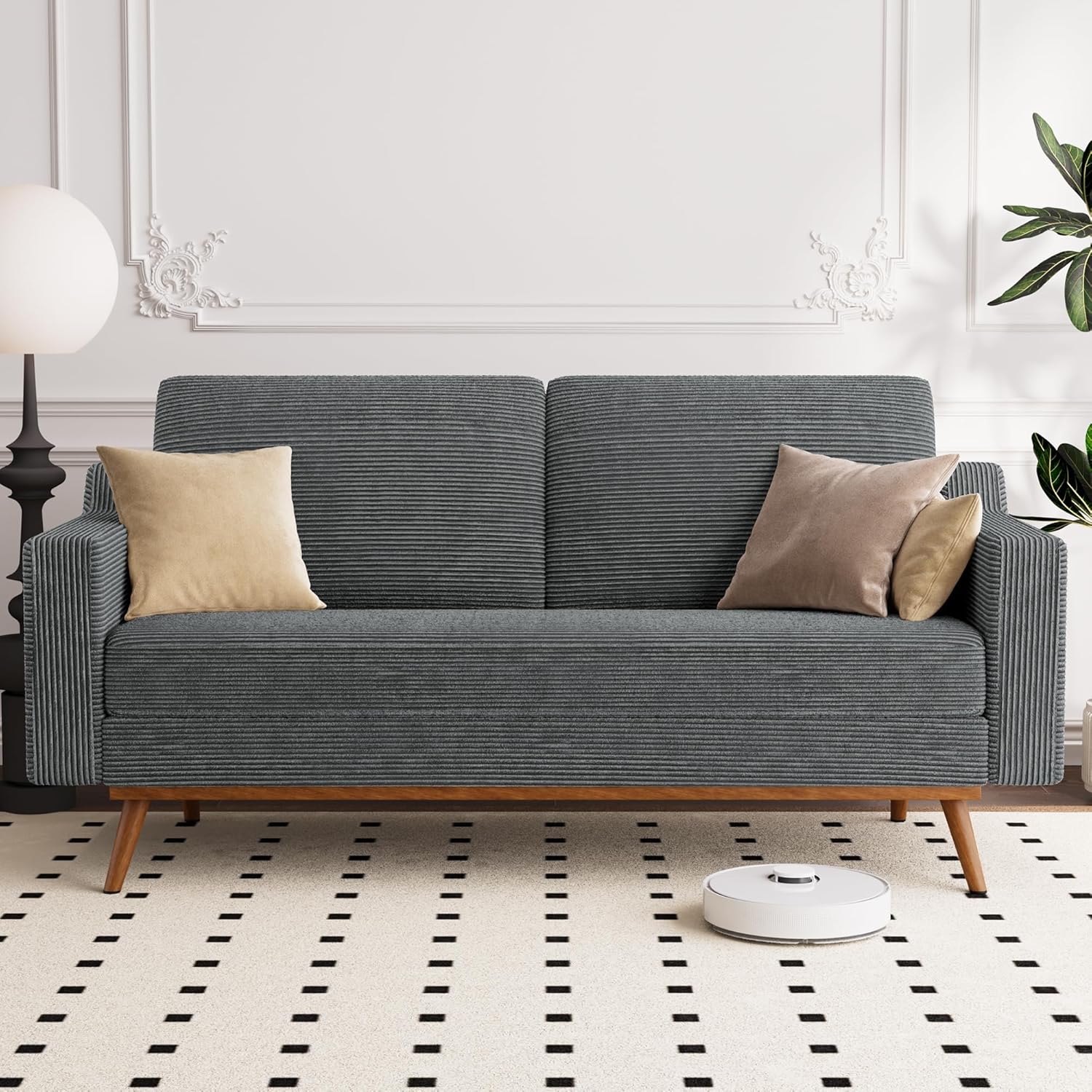 Vipbear 65.4' Loveseat Sofa Grey Corduroy Couch, Mid-Century Modern Small Couches for Living Room, Bedroom, Office, Comfy Sofa with Spring Cushion, Solid Wood Frame, Tool-Free Assembly