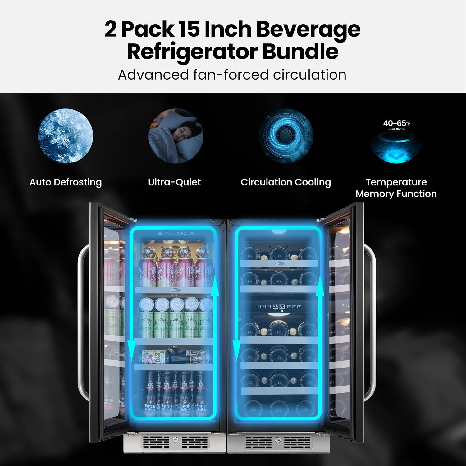 Wine and Beverage Refrigerator, 30' Dual Zone Under Counter Wine Beverage Cooler Built-In or Freestanding Wine Fridge with Glass French Door Holds 80 Can & 29 Bottle