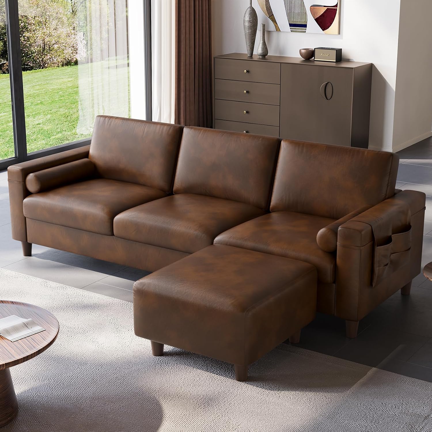 Vesgantti 100' PU Faux Leather Sofa with Movable Ottoman, 3 Seater L Shaped Leather Sectional Couch with Side Pocket, Comfy Mid Century Modern Modular Couch for Living Room, Apartment, Cocoa