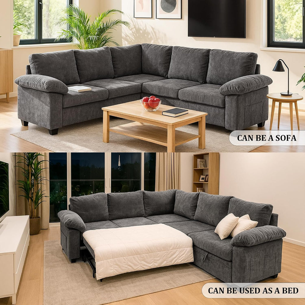 86 Inch Sectional Sleeper L Shaped Sofa with Pull Out Bed, Modular Sectional Sofa with Storage, Modern Chenille Cloud Couch, Sectional Couches for Living Room, Gray