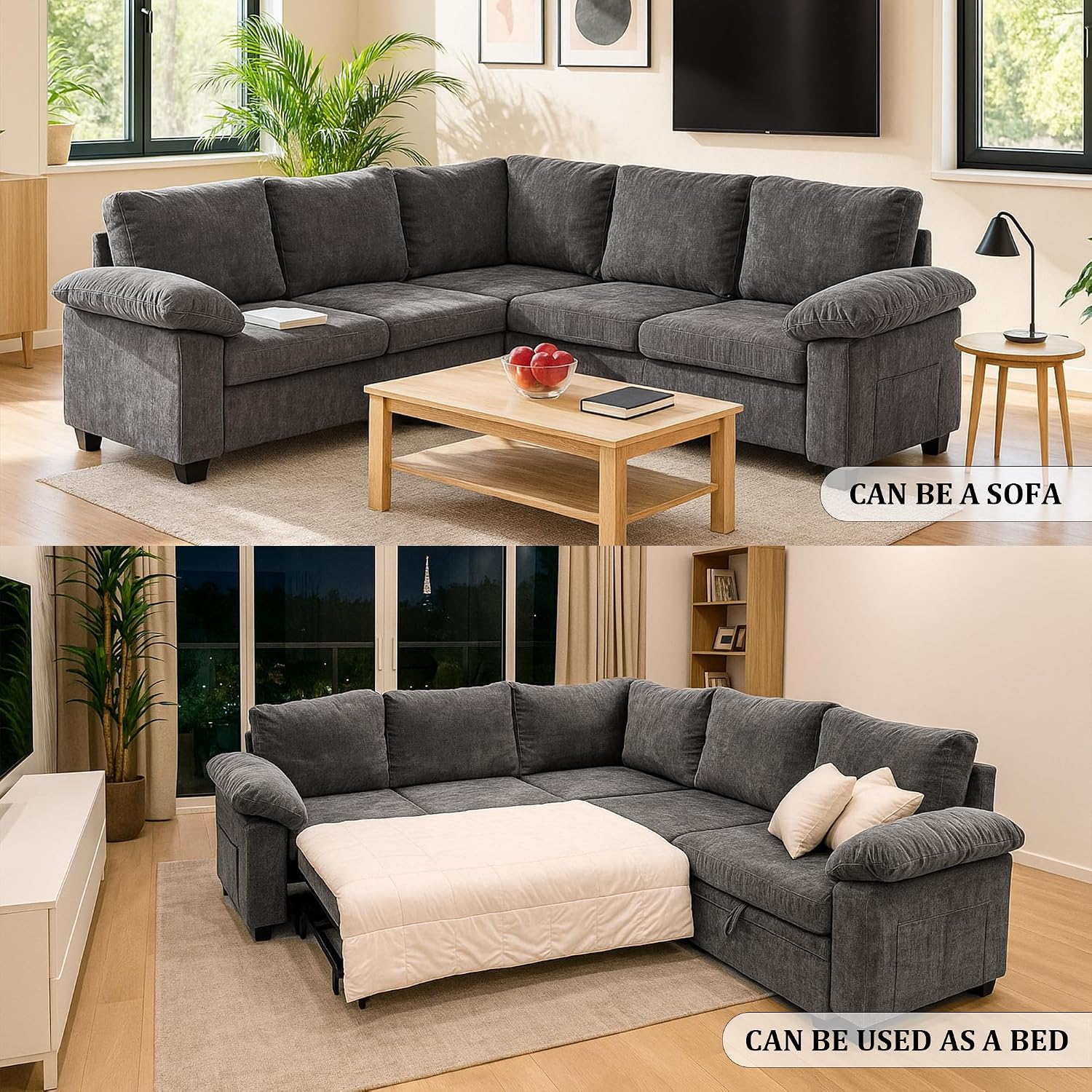 86 Inch Sectional Sleeper L Shaped Sofa with Pull Out Bed, Modular Sectional Sofa with Storage, Modern Chenille Cloud Couch, Sectional Couches for Living Room, Gray