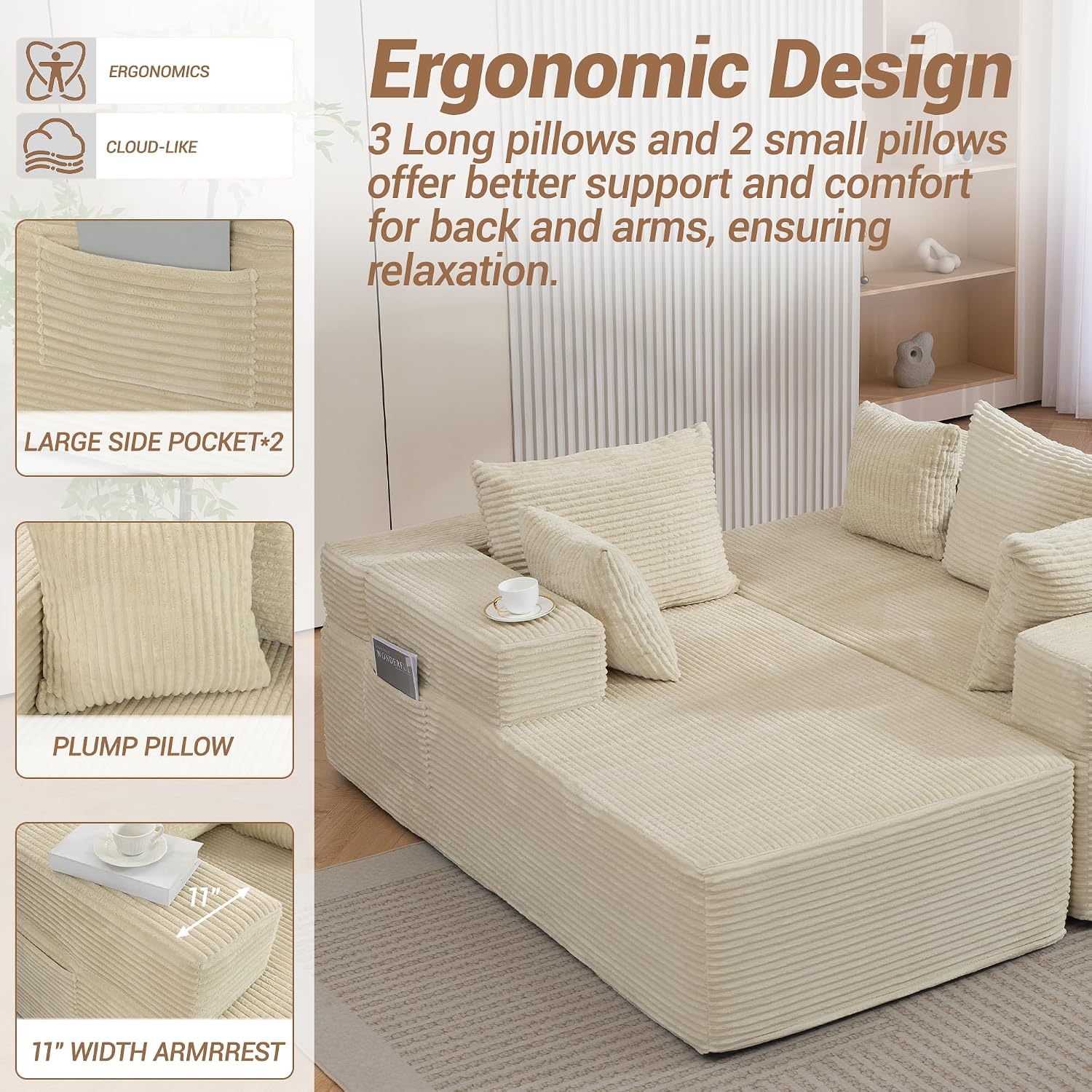 105'' Modular L-Shaped Boneless Sectional, Corduroy Deep Seat Cloud Sectional Couch, Small Space Sofa for Apartment Living Room Bedroom, No Assembly, Beige