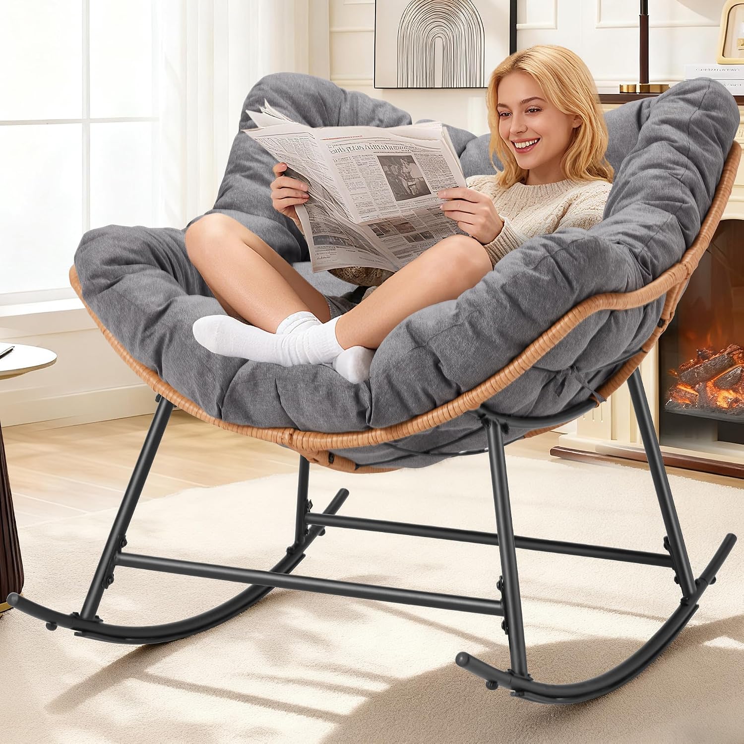 Outdoor Comfy Rocking Chair with Thick Cushion, Rattan Rocker Egg Chair Indoor with Straps, Patio Rocking Chair 450lbs for Garden, Backyard, Balcony, Lawn, Bedroom, Living Room (Dark Gray)