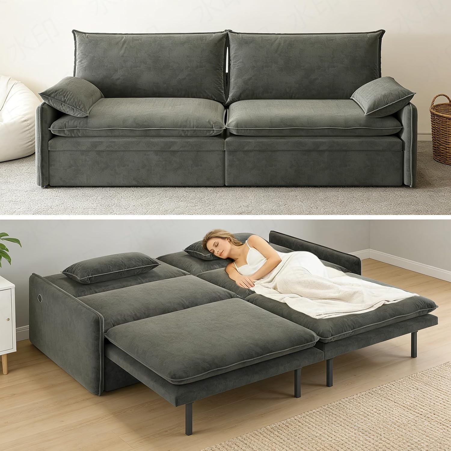 81' King Pull-Out Sofa Bed, 3-in-1 Convertible Sleeper Sofa Bed with Hidden Storage & USB Charging, Chenille Cloud Couch with Chaise Lounge for Living Room & Apartment, Dark Grey | Pullout Couch