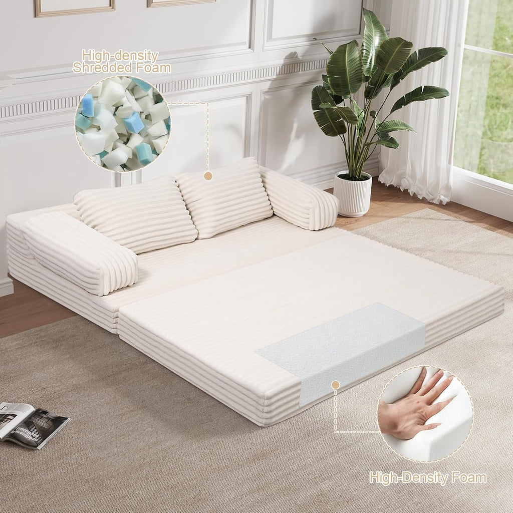 MeMoreCool Convertible Sofa Bed, Folding Floor Couch Bed Queen, Pull Out Sleeper Couch with Pillows, Fold Out Futon Sofa for Bedroom Living Room Small Space, Corduroy Beige