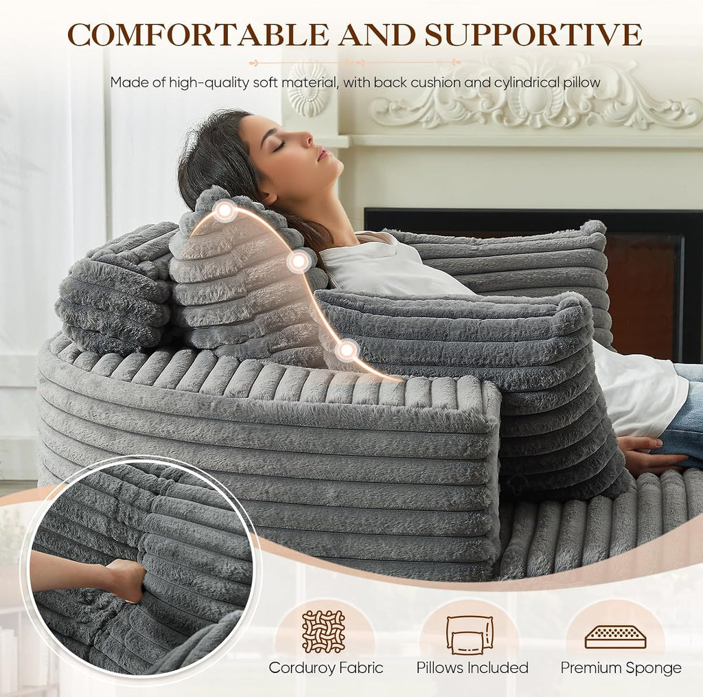 Oversized Round Chaise Longue Chair Indoor, Modern 55-inch Upholstered Corduroy Deep Seat Circle Single Cloud Lounge Floor Sofa Chair for Living Room, Bedroom Apartment, Grey