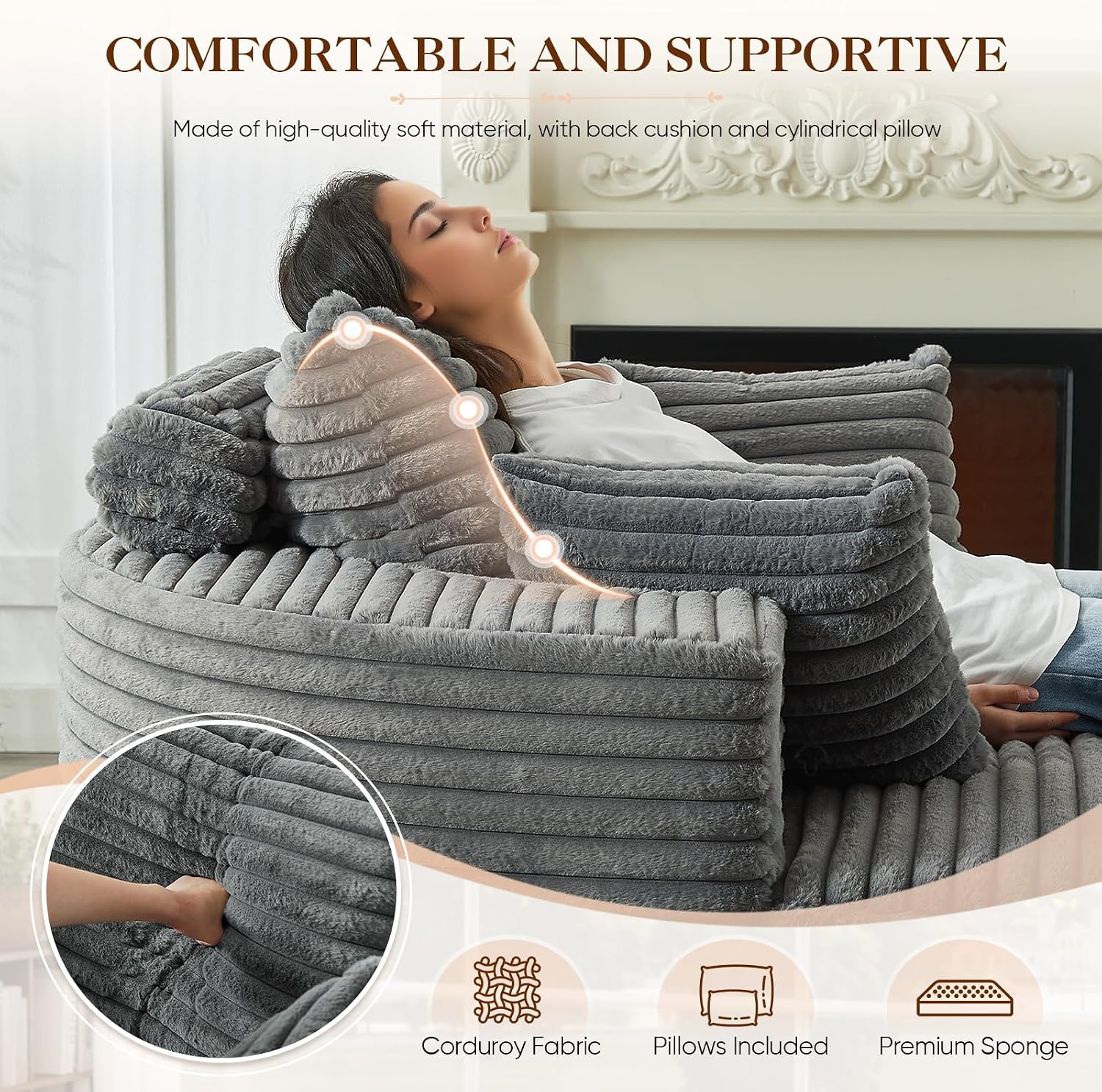 Oversized Round Chaise Longue Chair Indoor, Modern 55-inch Upholstered Corduroy Deep Seat Circle Single Cloud Lounge Floor Sofa Chair for Living Room, Bedroom Apartment, Grey