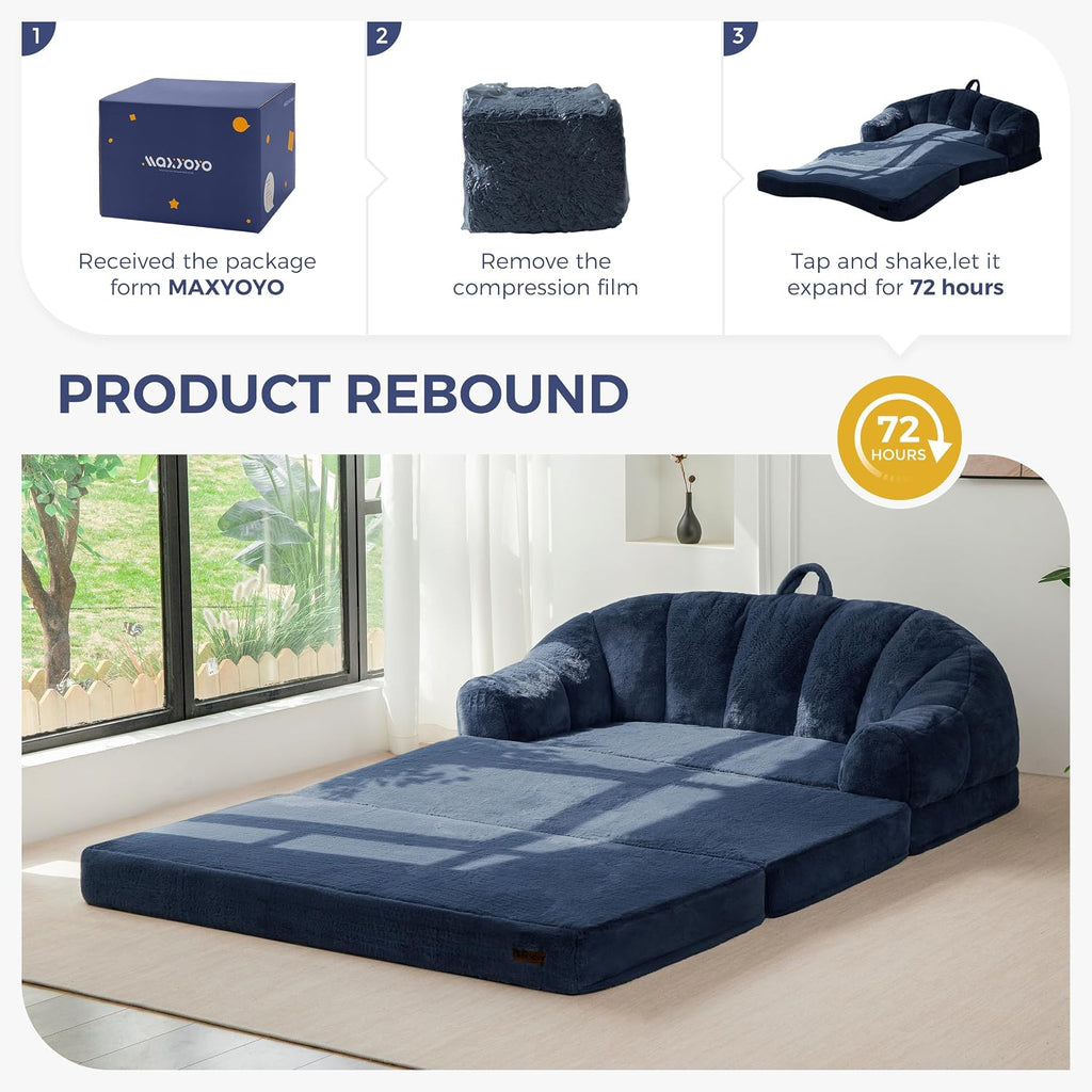 MAXYOYO Folding Sofa Bed, 2 in 1 Convertible Sofa to Lounger Comfy Loveseat Bean Bag Chair for Adults, Floor Sleeper Couch with Handle, Faux Fur Couch Bed for Living Room Bedroom, Navy, Loveseat