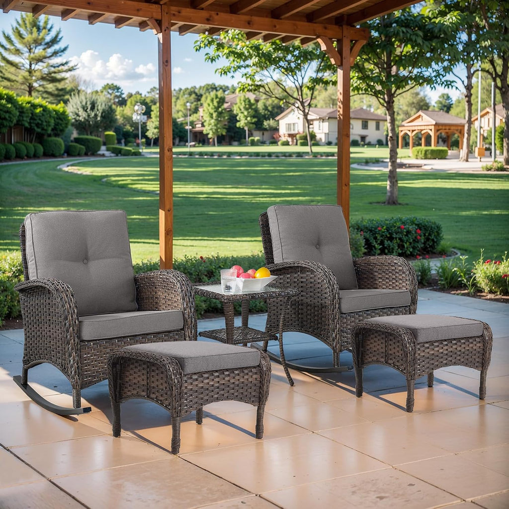 Belord Patio Rocking Chairs Furniture Set - 5 Piece Outdoor Wicker Furniture Sets with Ottomans, Small Patio Conversation Sets with Wicker Rocking Chairs Brown/Grey