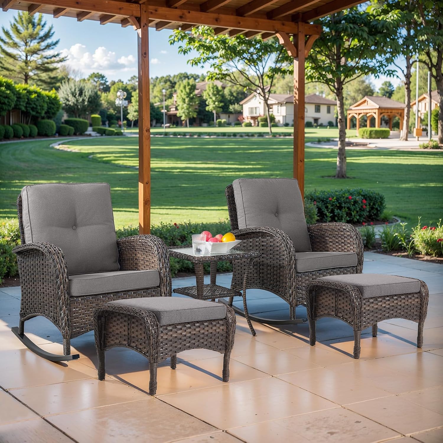 Belord Patio Rocking Chairs Furniture Set - 5 Piece Outdoor Wicker Furniture Sets with Ottomans, Small Patio Conversation Sets with Wicker Rocking Chairs Brown/Grey