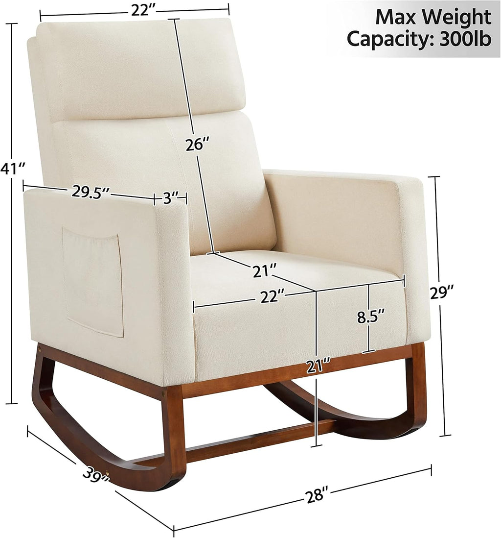 Topeakmart Upholstered Rocking Chair Nursery Modern Accent Chair with Wood Legs Side Pocket Armchair Glider Rocker for Nursery Living Room Bedroom Lounge Beige