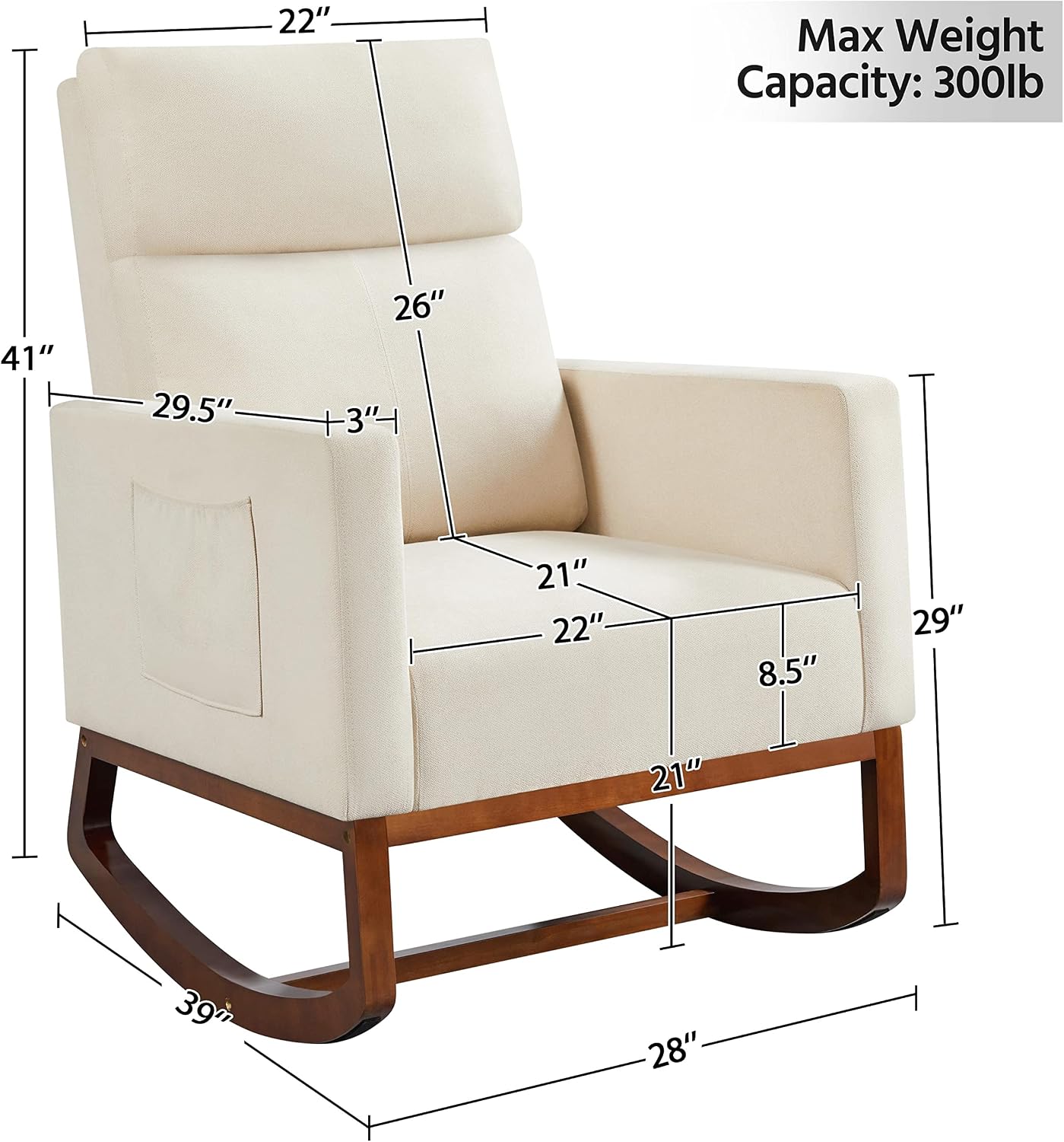 Topeakmart Upholstered Rocking Chair Nursery Modern Accent Chair with Wood Legs Side Pocket Armchair Glider Rocker for Nursery Living Room Bedroom Lounge Beige