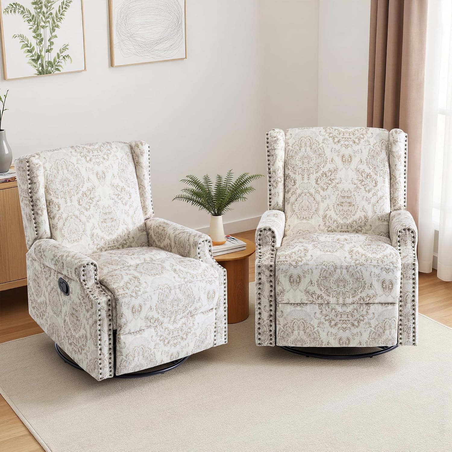 Swivel Rocker Recliner Chairs Set of 2, 360° Swivel Wingback Recliner Chairs for Adults, Upholstered Printed Fabric Glider Rocking Chair with High Back, Deep Seat for Living Romm Bedroom, Beige