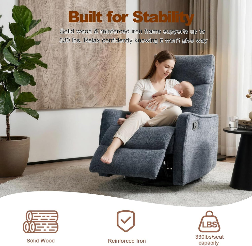 Casaphoria 360° Swivel Rocking Recliner Chair with Heat and Massage Upholstered Fabric Nursery Glider with Side Pocket for Living Room,Bedroom,Home Theater and RV Small Space(Blue)