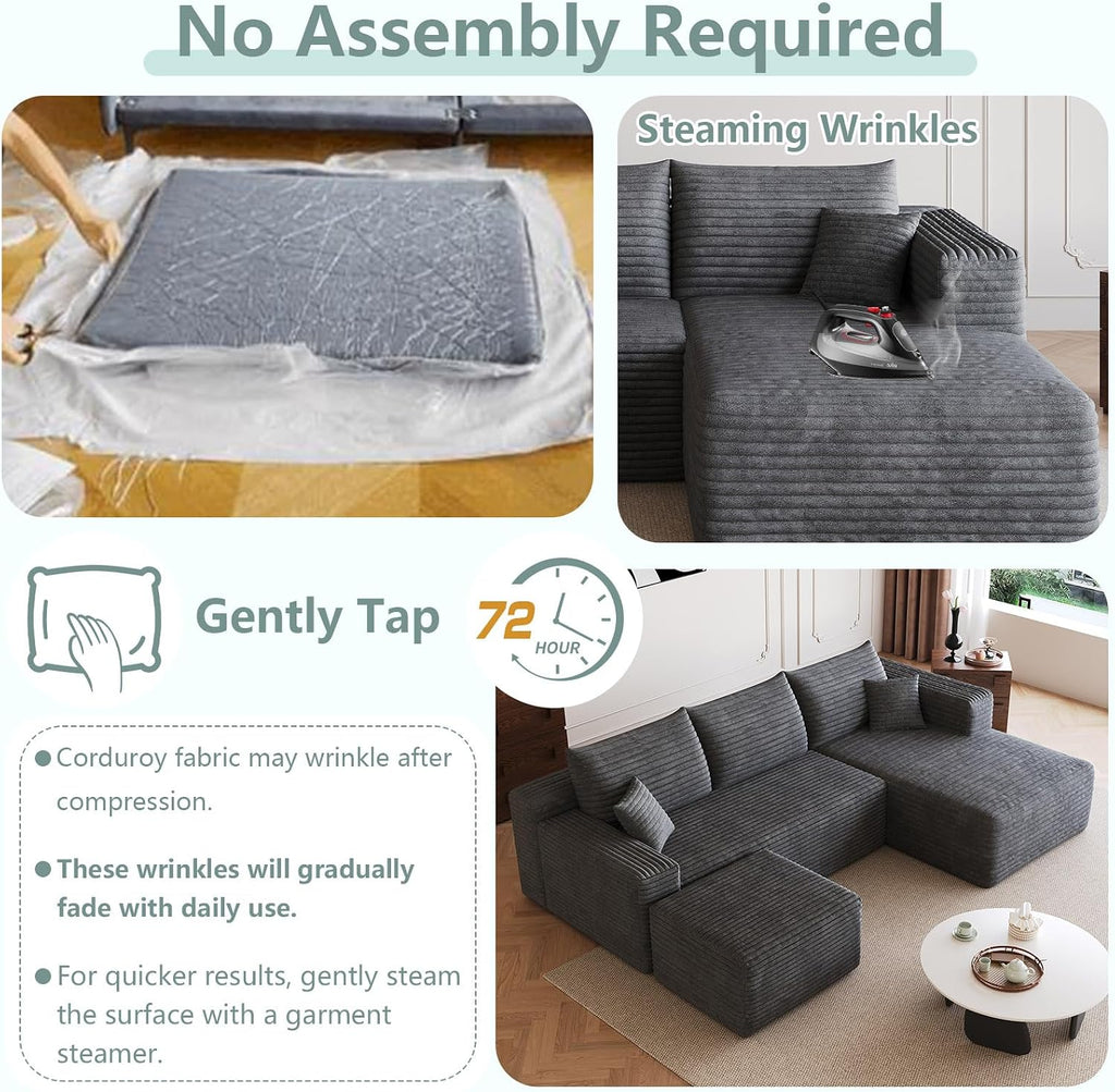 95' Modular Sectional Sofa with Ottoman, Modern Corduroy Cloud Couch Deep Seat, Boneless Couch Upholstered 3-Seater U-Shaped Sofa for Living Room, No Assembly (Dark Gray,Right-Facing Chaise)