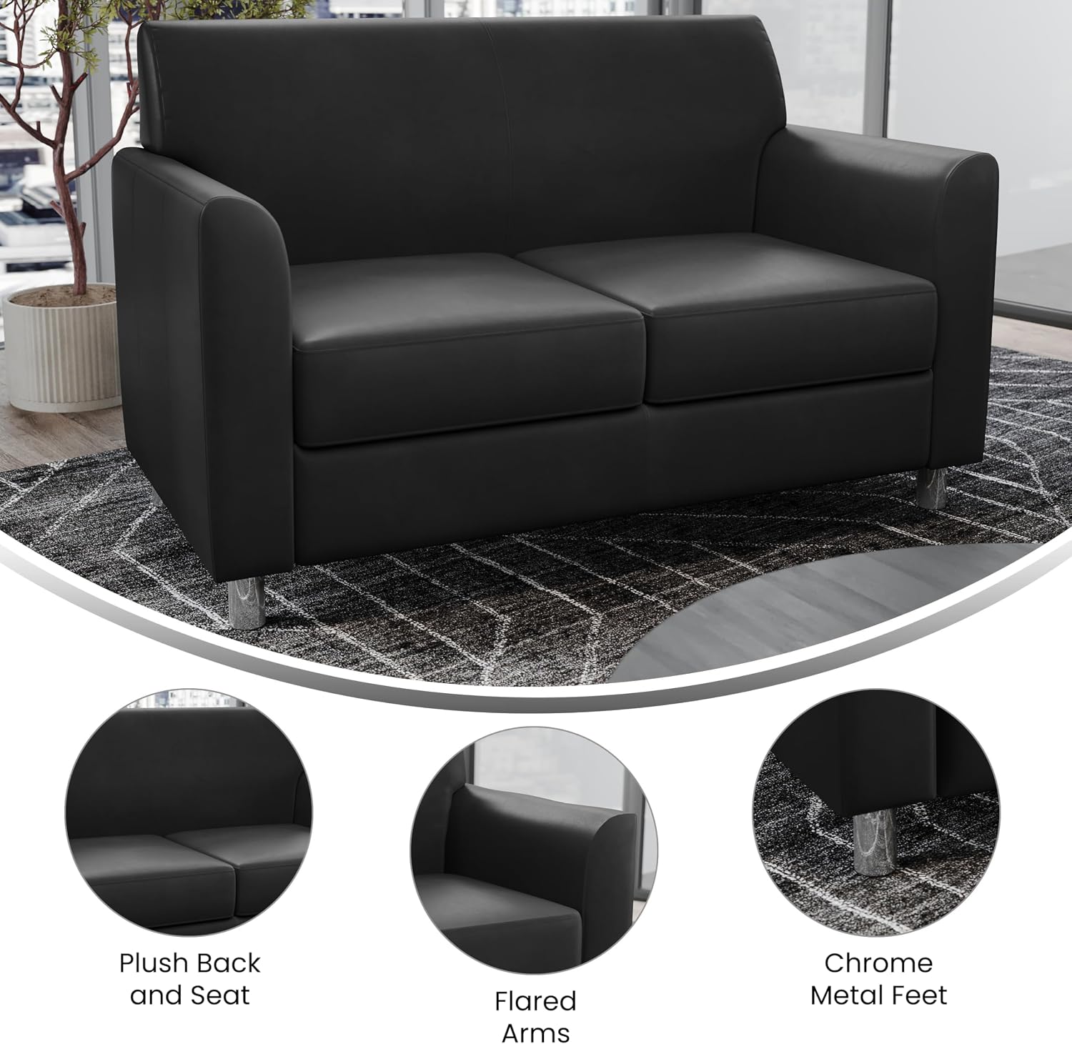 Flash Furniture Hercules Diplomat Side Reception Loveseat with Chrome Legs, Lobby Chair with Cushions and Flared Arms, Black LeatherSoft