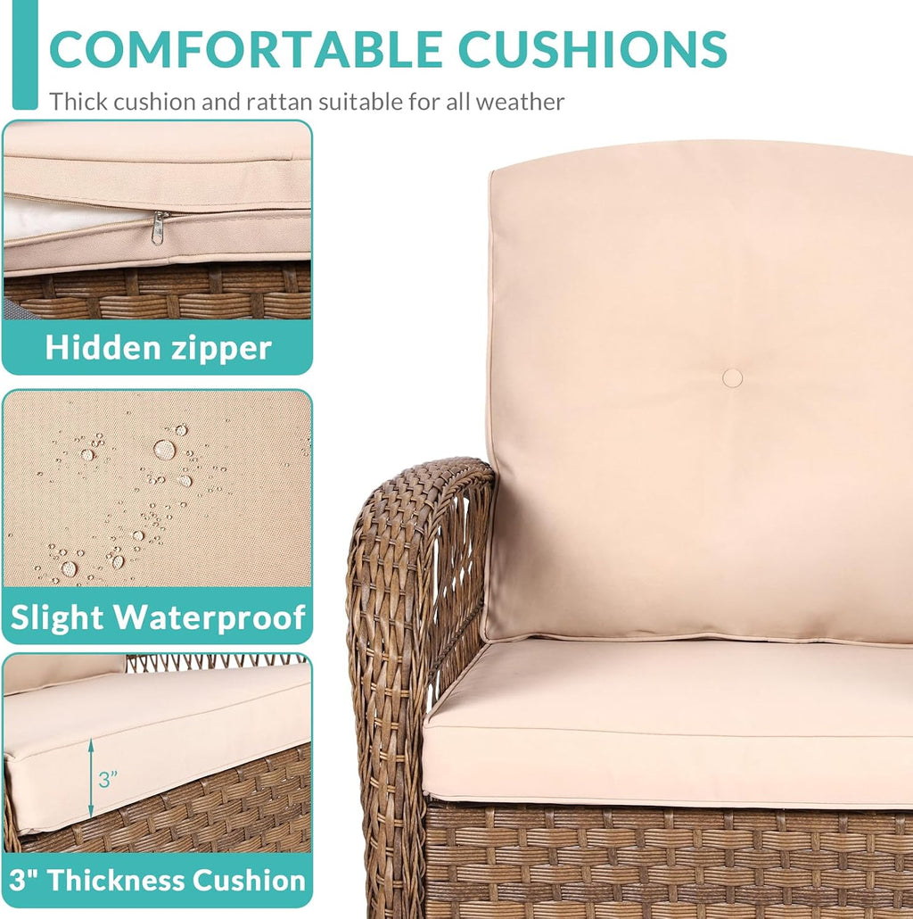 MEETWARM 3 Pieces Outdoor Wicker Swivel Rocker Patio Set, Rocking Chairs Rattan Patio Furniture Sets with Thickened Cushion and Glass-Top Coffee Table, Conversation Bistro Set for Porch (Light Brown)