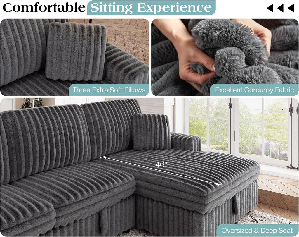 VanAcc 130' Sofa Bed, Sectional Sleeper Sofa with Pull Out Bed, Sleeper Couch for Living Room, 6 Seater Couch with Storage, Faux Fur Dark Grey