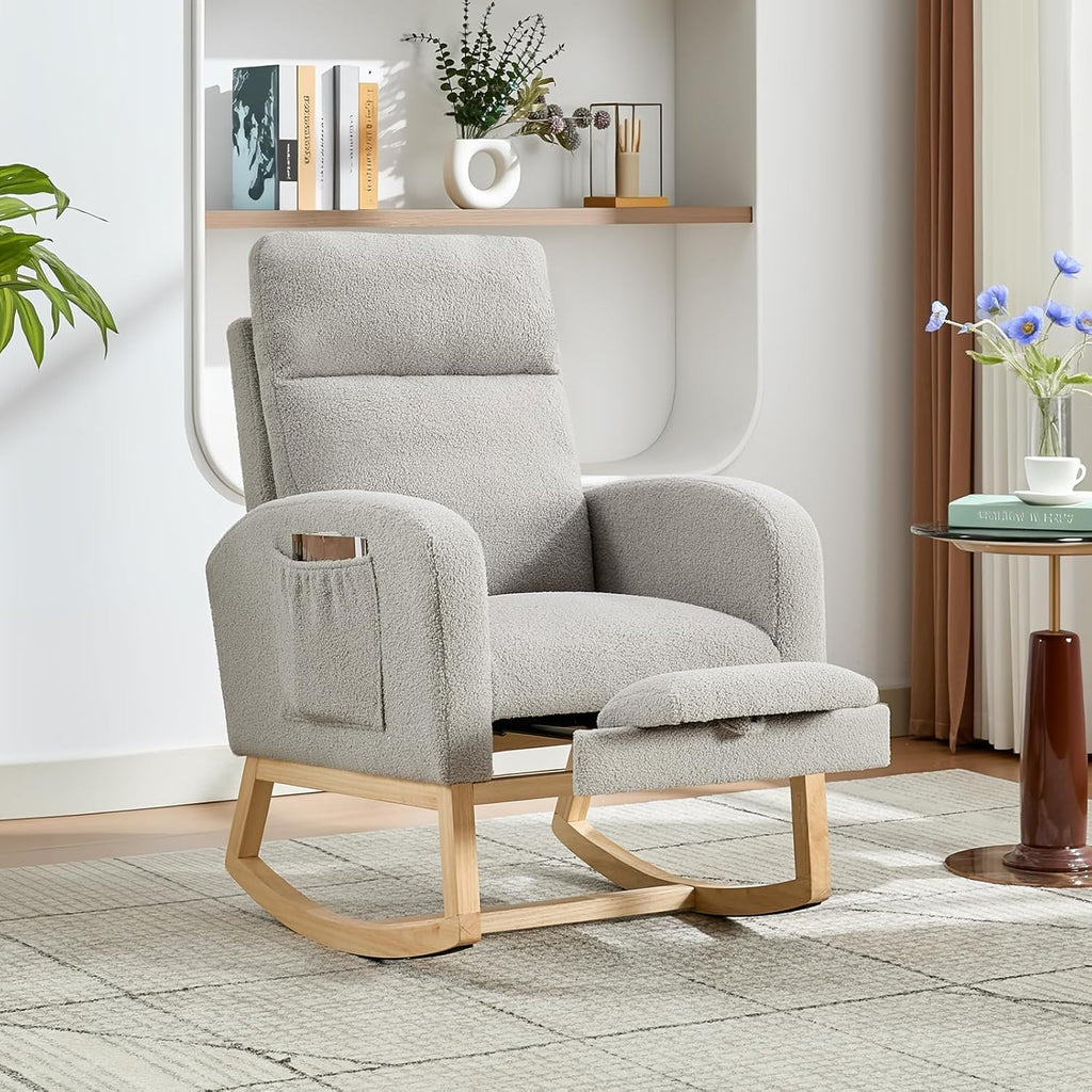 Fabric Rocking Nursery Chair for Mom Nursery,Rocking Chairs with Foot Rest,Recliner Armchair with High Backrest& Wood Legs and Side Pocket for Living Room,Bedroom,Gray