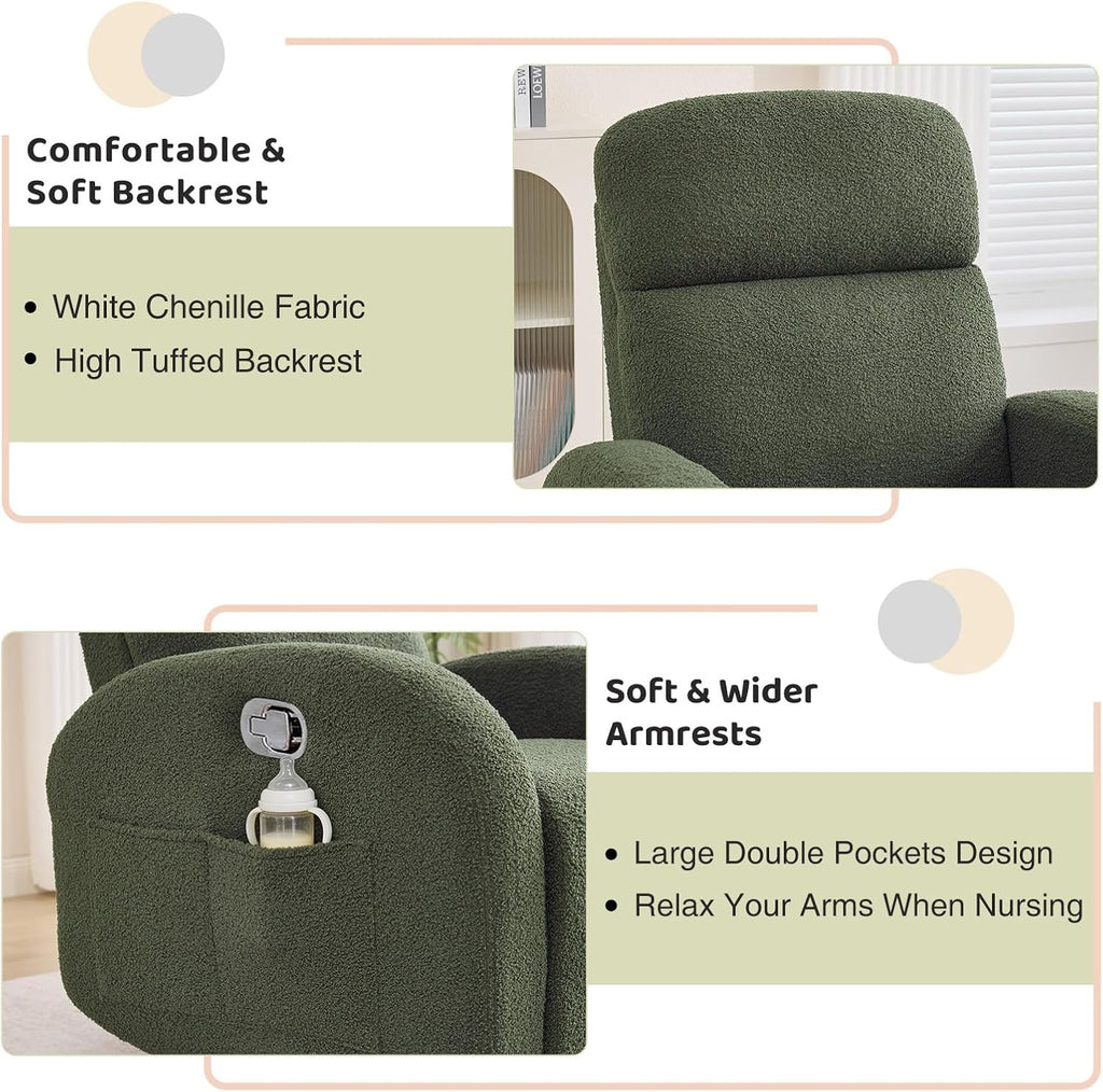 Nursery Glider Recliner, Boucle Nursery Rocking Chair Recliner, Manual Nursery Glider Recliner with Double Pockets and Lumbar Support for Adult, Teddy Green