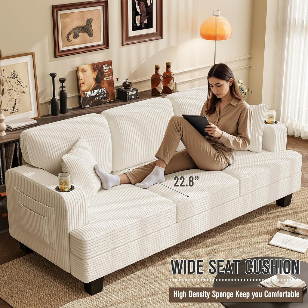 83' Modern Couch with Cup Holders, 3 Seater Couch with Comfy Pillow & Side Storage Pockets, Corduroyn Small Couch with Deep Seat Couch for Living Room, Bedroom, Apartment and Office (Beige)